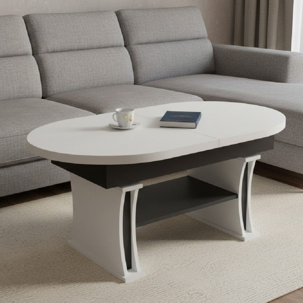 designimpex Couchtisch DA-130 oval ausziehbar höhenverstellbar mit Ablage Wohnzimmer Tisch, Funktionstisch, Wohnzimmertisch, Tisch, Esstisch, Sofatisch, Rollen