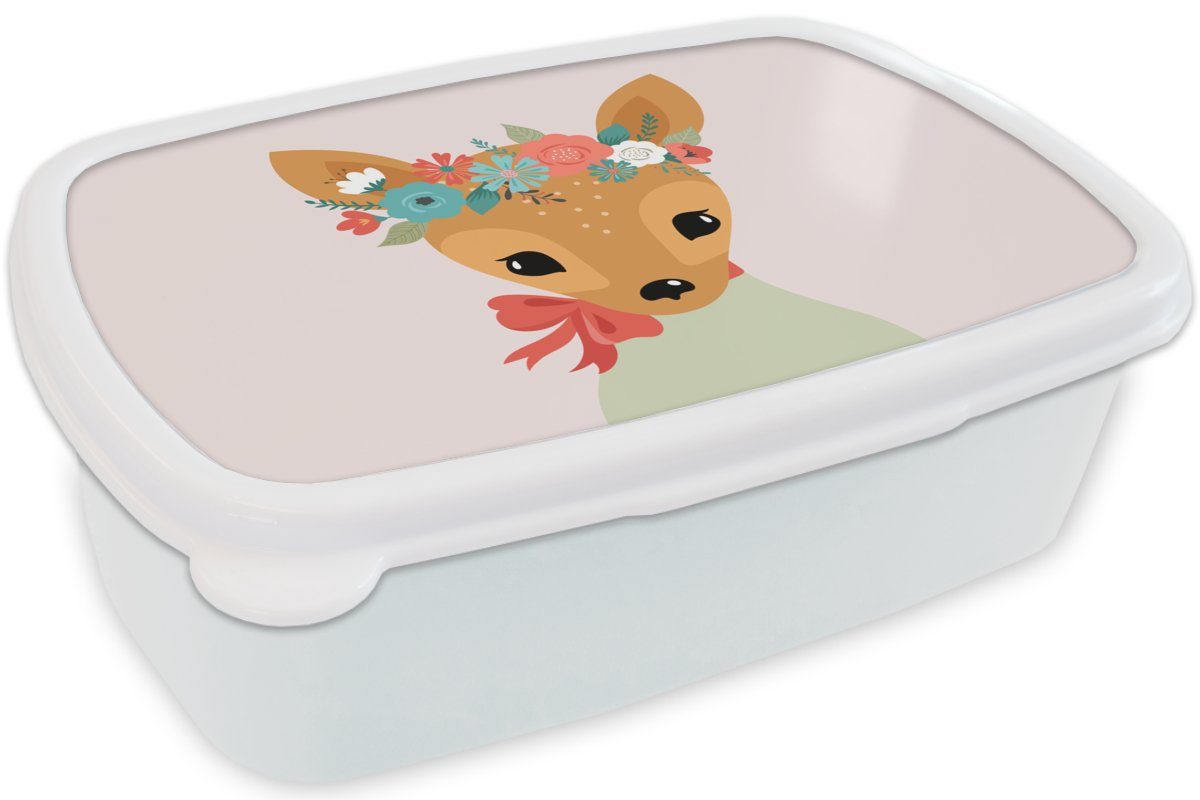 und Lunchbox MuchoWow Kunststoff, Blumen, für Pastell Brotbox Erwachsene, Mädchen Brotdose, für - Jungs - Hirsche und Kinder weiß (2-tlg),