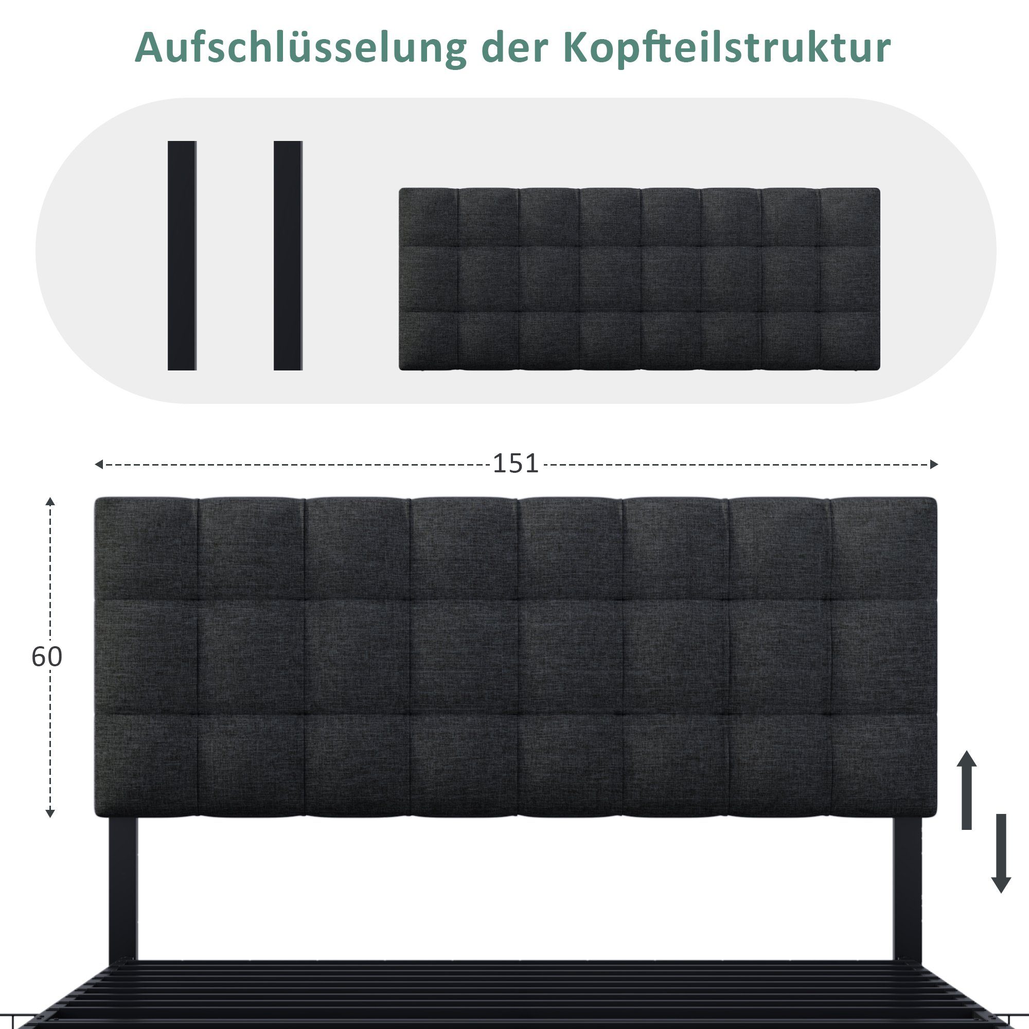 WISHDOR Polsterbett Doppelbett Bett und (Bettgestell Schubladen aus Bezug Funktionsbett 140*200 Bettstauraum Matratze Hautfreundlicher Aufbewahrung Leinen mit cm 4 Lattenrost + Funktion), Schwarz ohne