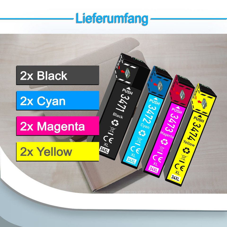 Thumbnail - Druckerparadies 8er Pack Druckerpatronen 34 34XL kompatibel mit Epson WF-3720 Tintenpatrone (8-tlg)