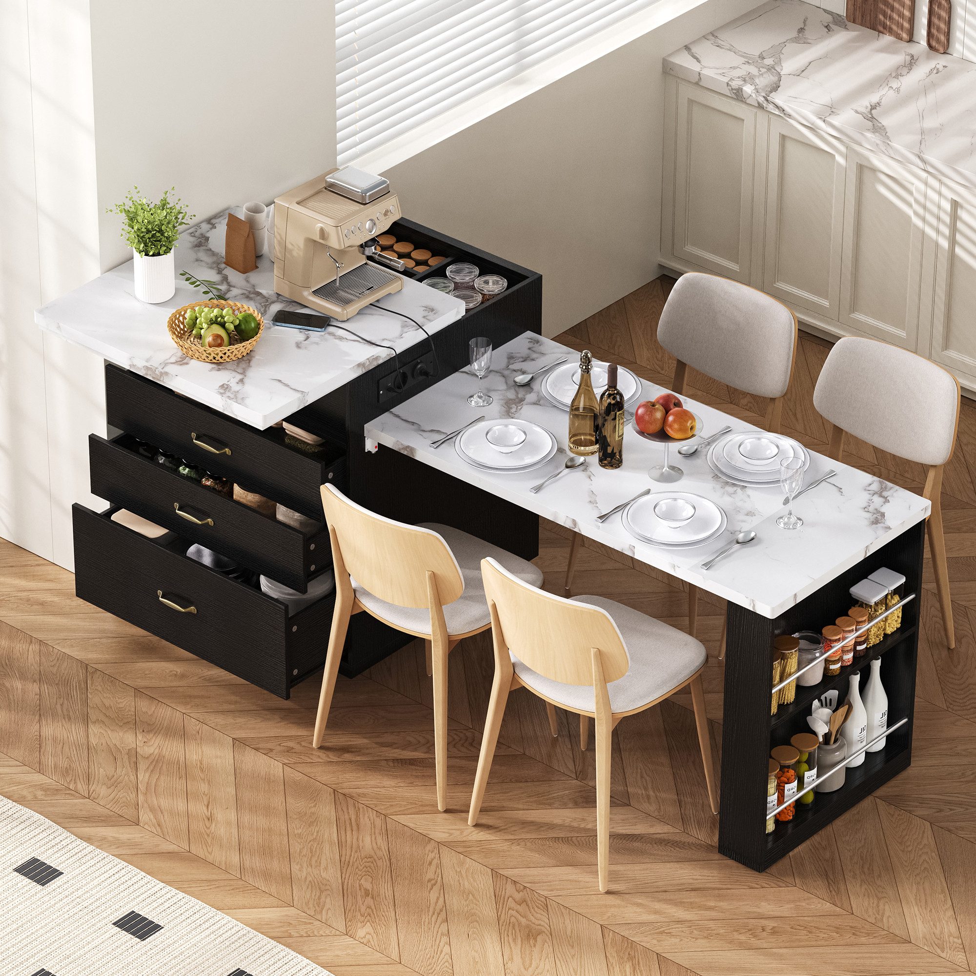 Odikalo Kücheninsel mit faltbarer Tischplatte Steckdosenleisten und Haken, (dient als Kücheninsel, Sideboard oder Bartisch für Küche und Esszimmer)