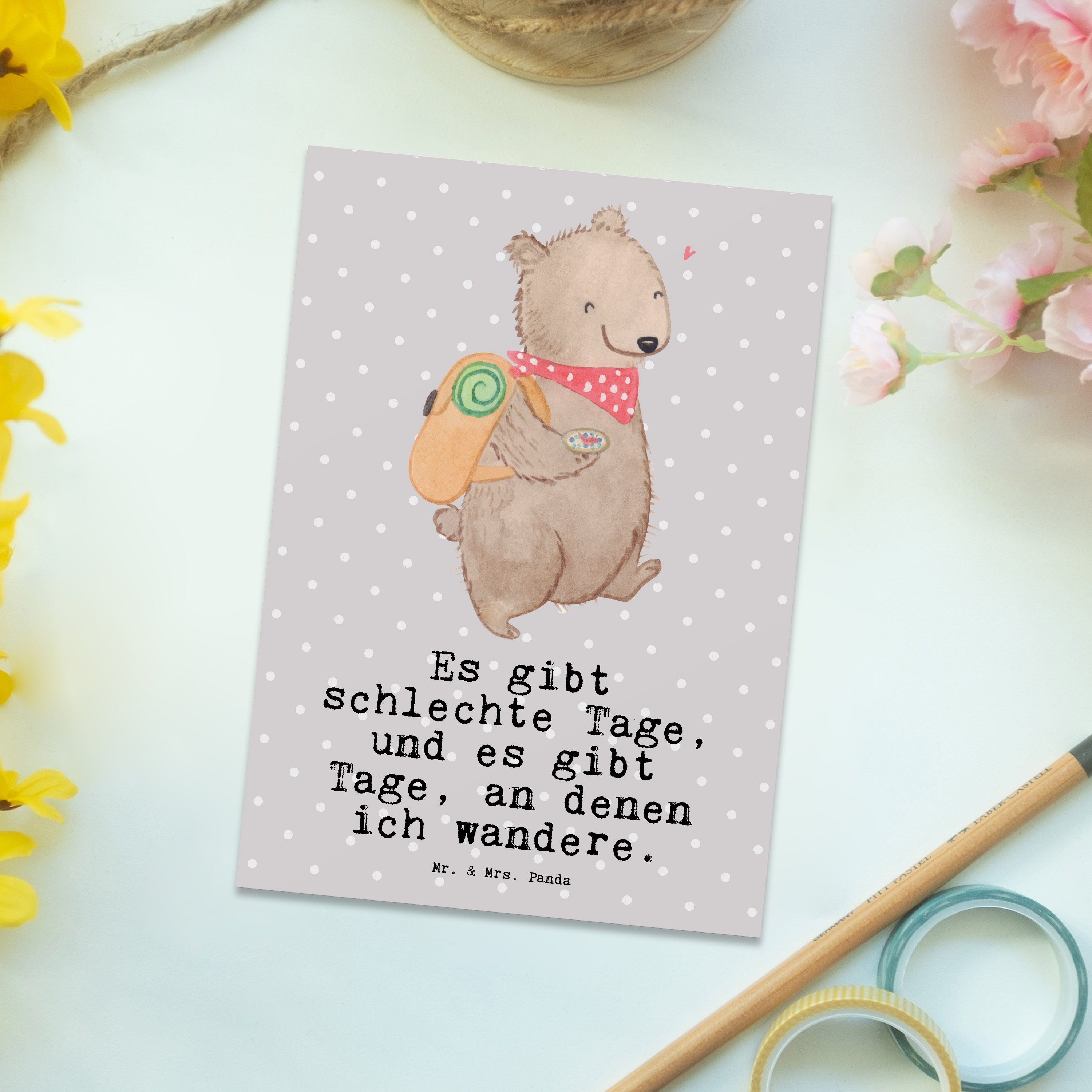Panda - Mr. Bär Postkarte Ansi Grußkarte, Mrs. - Wandern Tage Schenken, Pastell Geschenk, Grau &