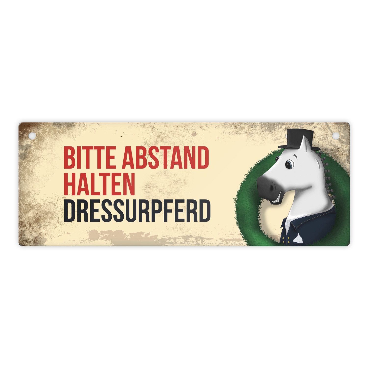 Metallschild Metallschild mit weißem Dressurpferd Motiv und Spruch: Bitte Abstand
