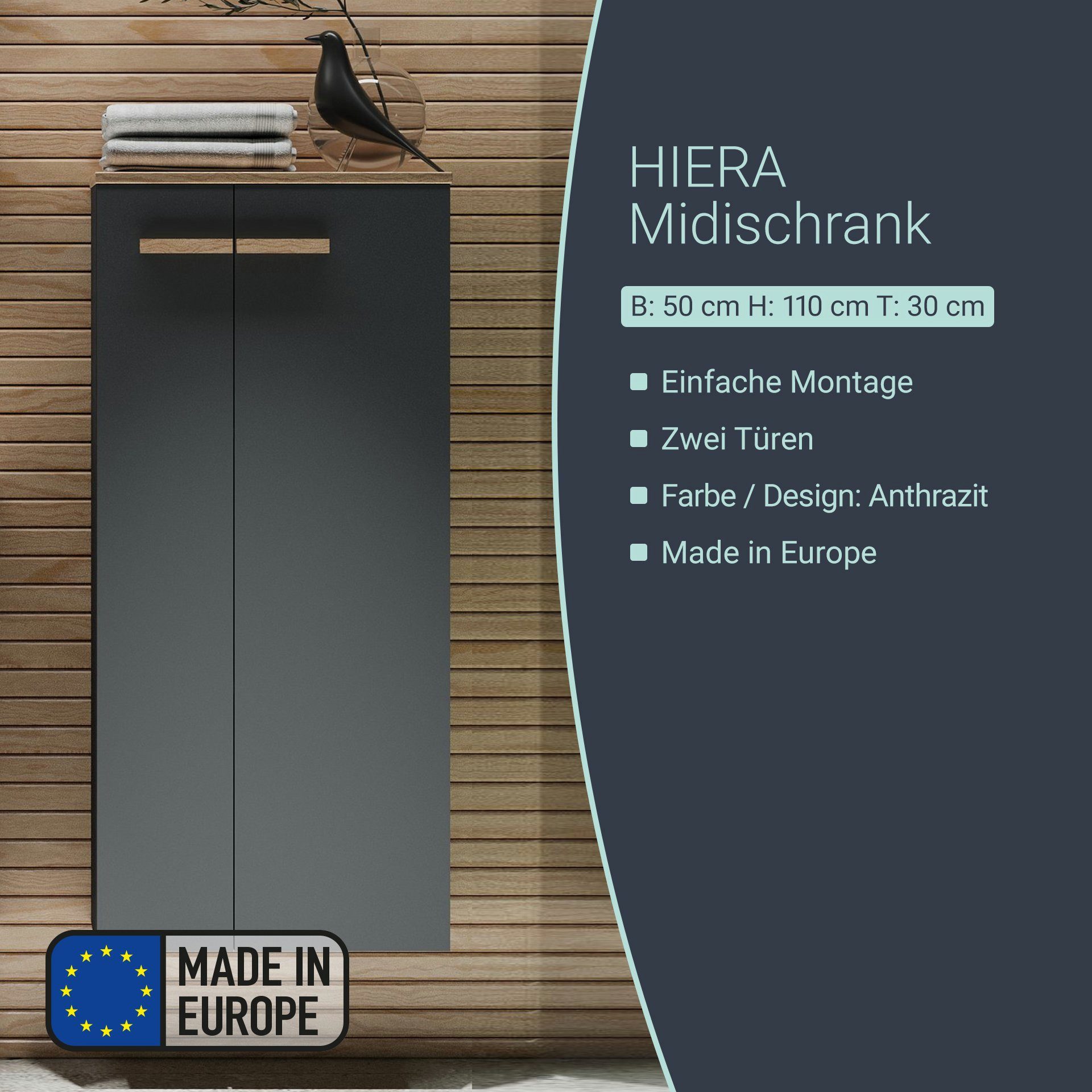 BADEDU Midischrank Badezimmerschrank, Anthrazit, Stauraumwunder, Holzgriffe