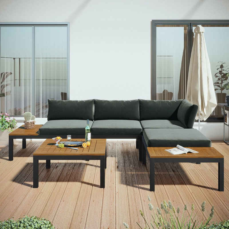 Merax Gartenlounge-Set aus Akazienholz für 4 Personen, Gartenmöbel set mit Stahlrahmen, (3-tlg), Balkonmöbel Set, Sitzgruppe, Garten-Garnitur mit Kissen, Lounge-Set