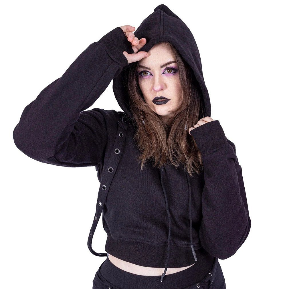 Heartless Hoodie Crop Kapuzenpullover Kyda Hood Gothic Riemen Punk Strapsen