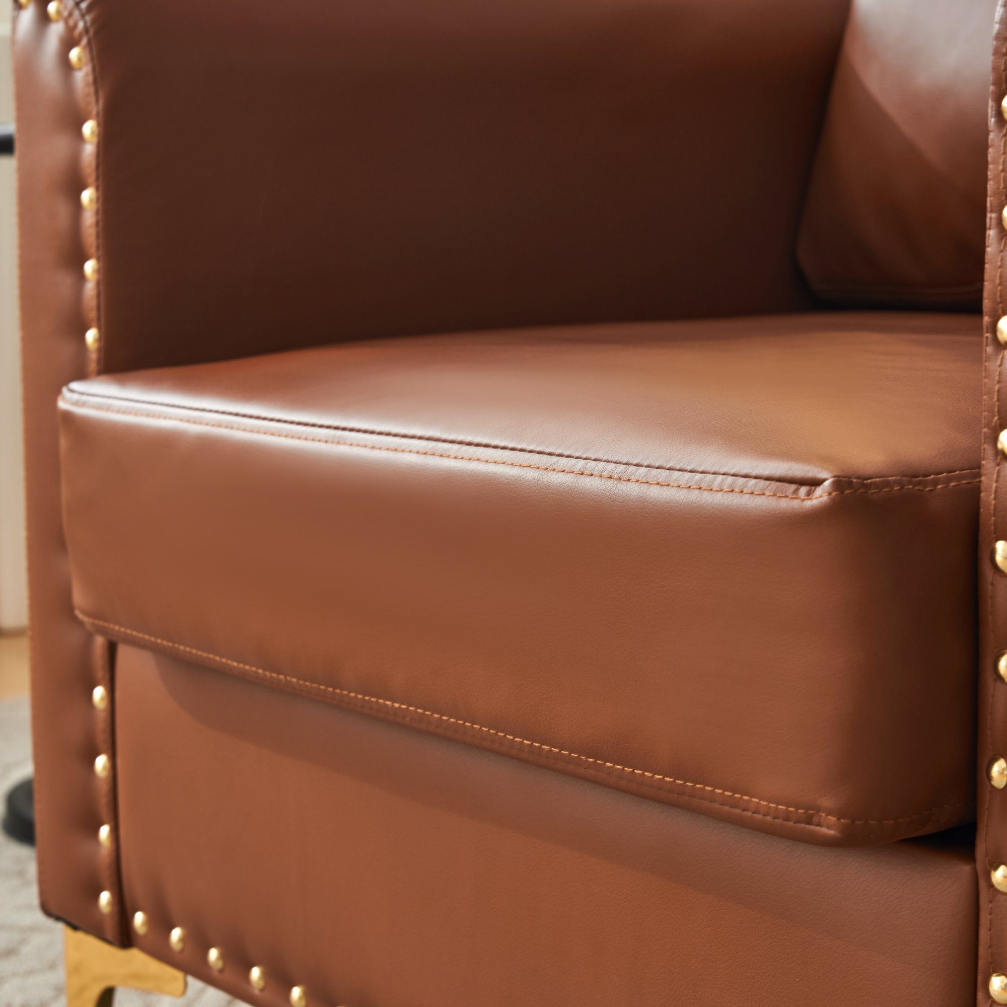 OKWISH Sessel Freizeitsessel mit Relaxsessel Loungesessel roségoldenen PU-Lederstuhl (Einzelsessel Armlehnensessel mit braun Metallbeinen, roségoldenen Metallbeinen), Moderner