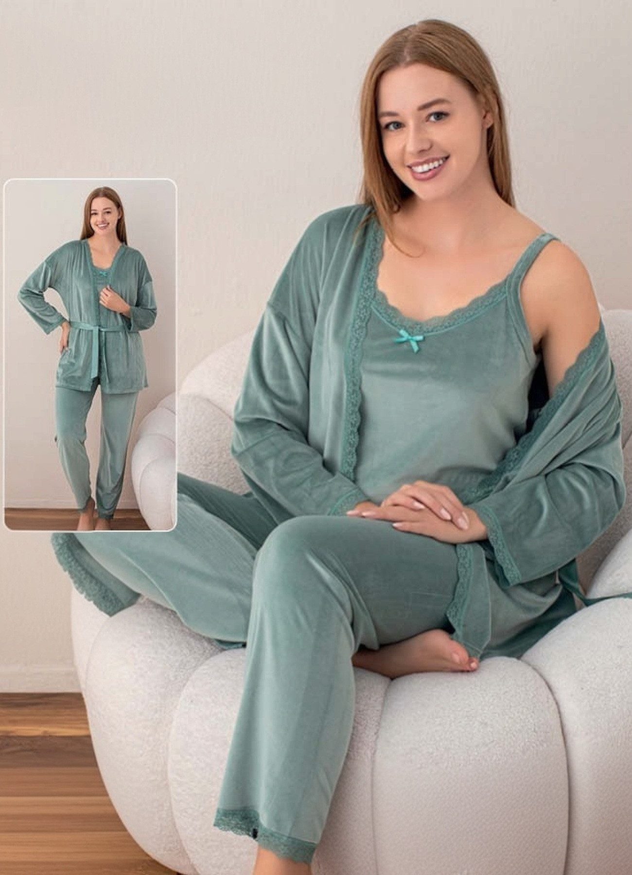 Damen Pyjama Set 4-teilig - Eisseide Schlafanzug Mit Camisole