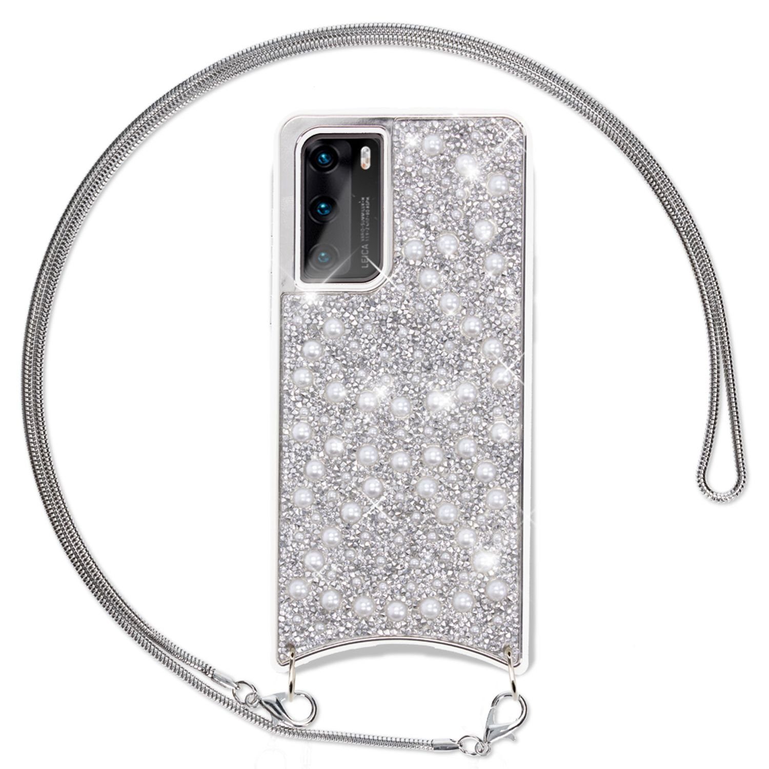 Nalia Backcover Huawei P40, Glitzer Silikon Hülle mit Kette / Glitter Cover / Band zum Umhängen