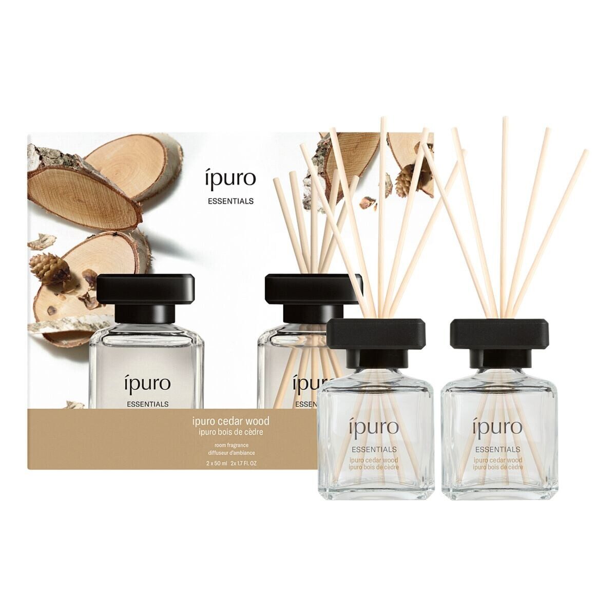 IPURO Raumduft Cedar Wood, 2x 50 ml, Glasflakon mit Rattan-Holzstäbchen