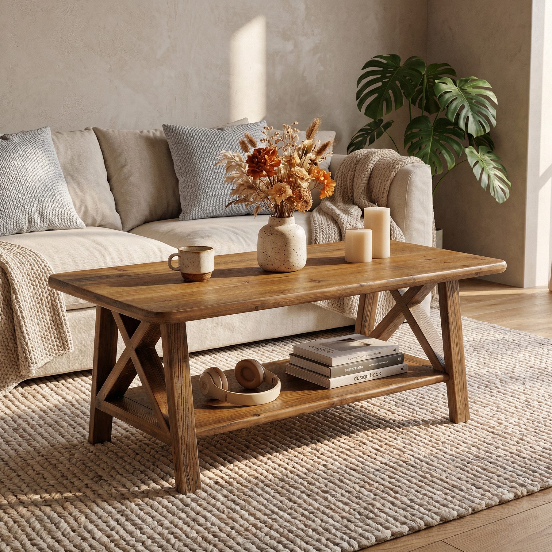 Tribesigns Couchtisch 120cm rechteckiger Beistelltisch mit 2-Ebenen, stabile X-förmige Beine