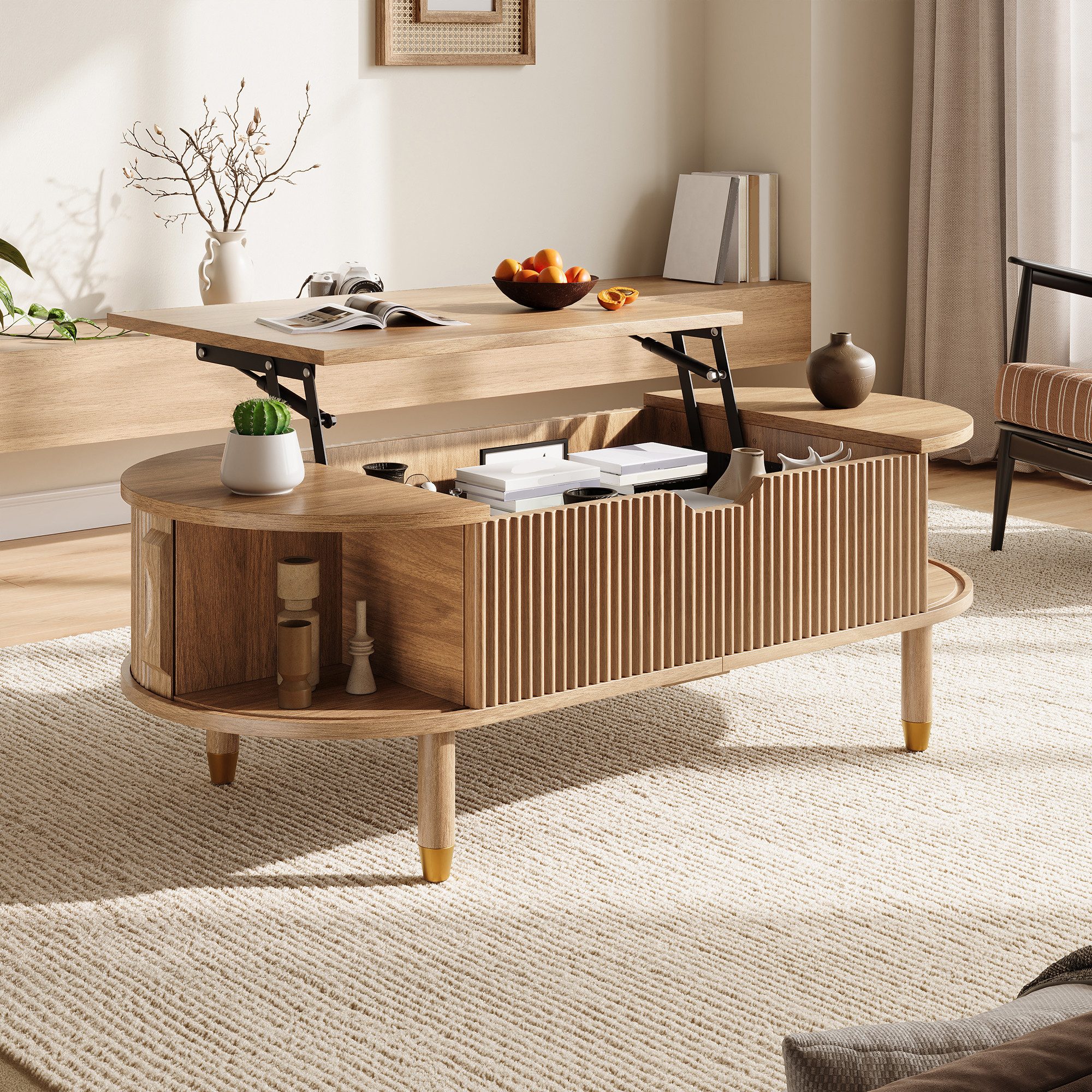 Merax Couchtisch Ovaler Sofatisch mit hydraulischer Hubplatte & Gummibaumholzfüßen (110 L x 48 B x 57 H cm, 1-St), Wohnzimmertisch mit verstecktem Stauraum & 2 geriffelten Schiebetüren