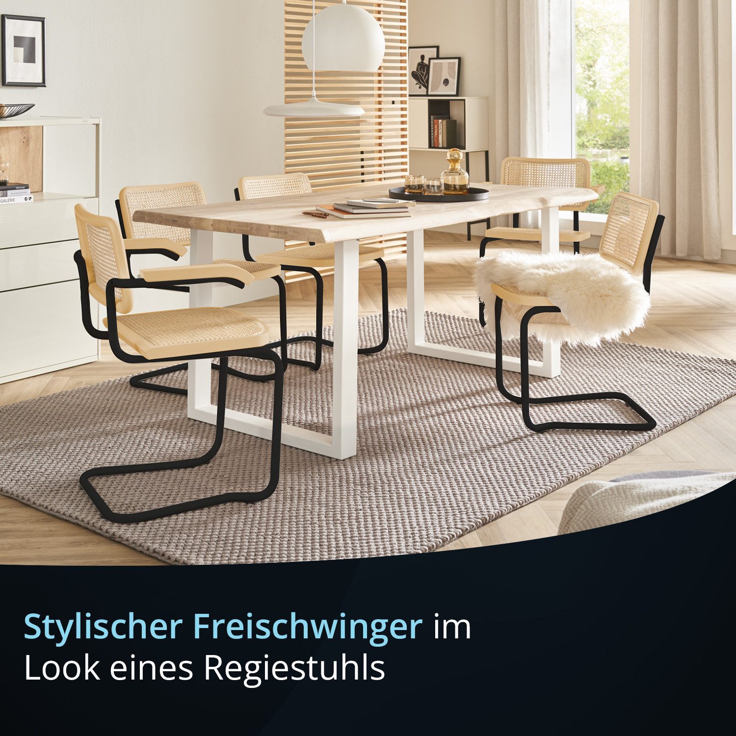 KHG Freischwinger Esszimmerstuhl Metallgestell Schwarz, Rattaneflecht, Made in Italy, Wiener Geflecht, Buche Massivholz, mit Armlehnen