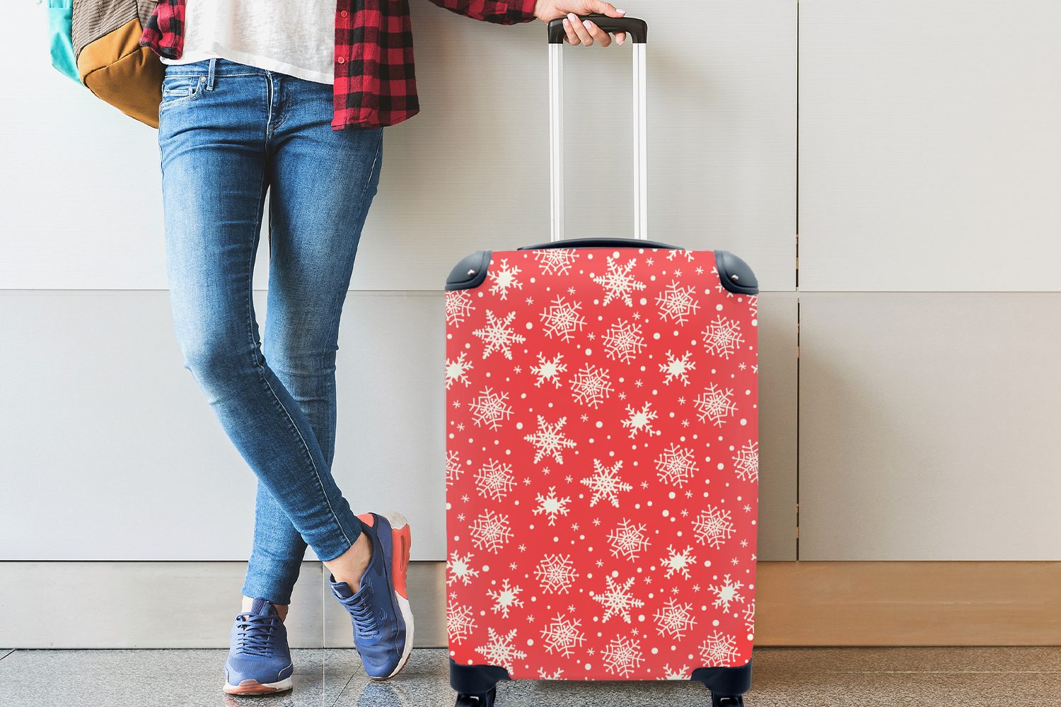 Reisekoffer 4 MuchoWow mit Weihnachten Reisetasche Weiß, - Handgepäck Muster Trolley, Schneeflocke Handgepäckkoffer - für - Rot Rollen, Ferien, - rollen,