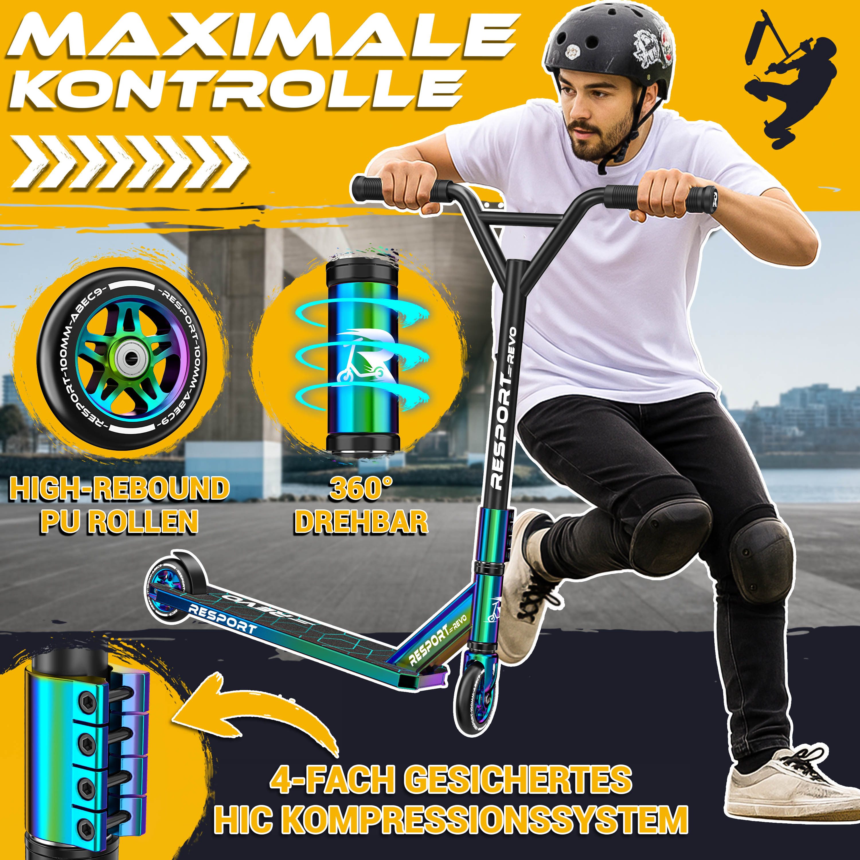 RE:SPORT Cityroller RE:SPORT® Revo Stunt Scooter inkl. Ständer ABEC 9 Kugellagern 100mm, (Stuntscooter Kickscooter ABEC 9 Kugellager Trickroller, mit Ständer Pr – Bild 2 von 5