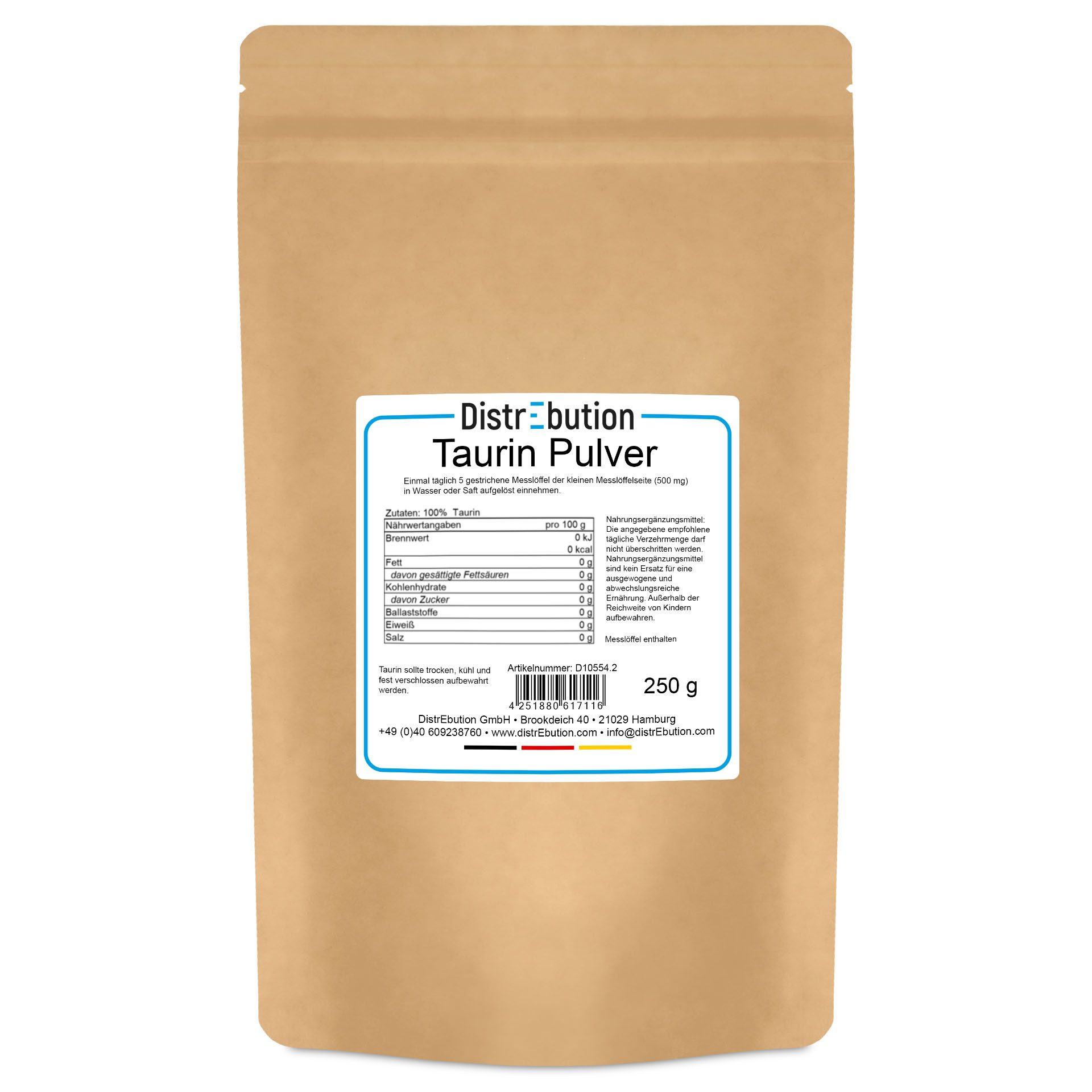 DistrEbution Taurin Pulver Rein, 50g-25kg, geschmacksneutral & hochlöslich Pulver, 250 g, Vielseitig einsetzbar