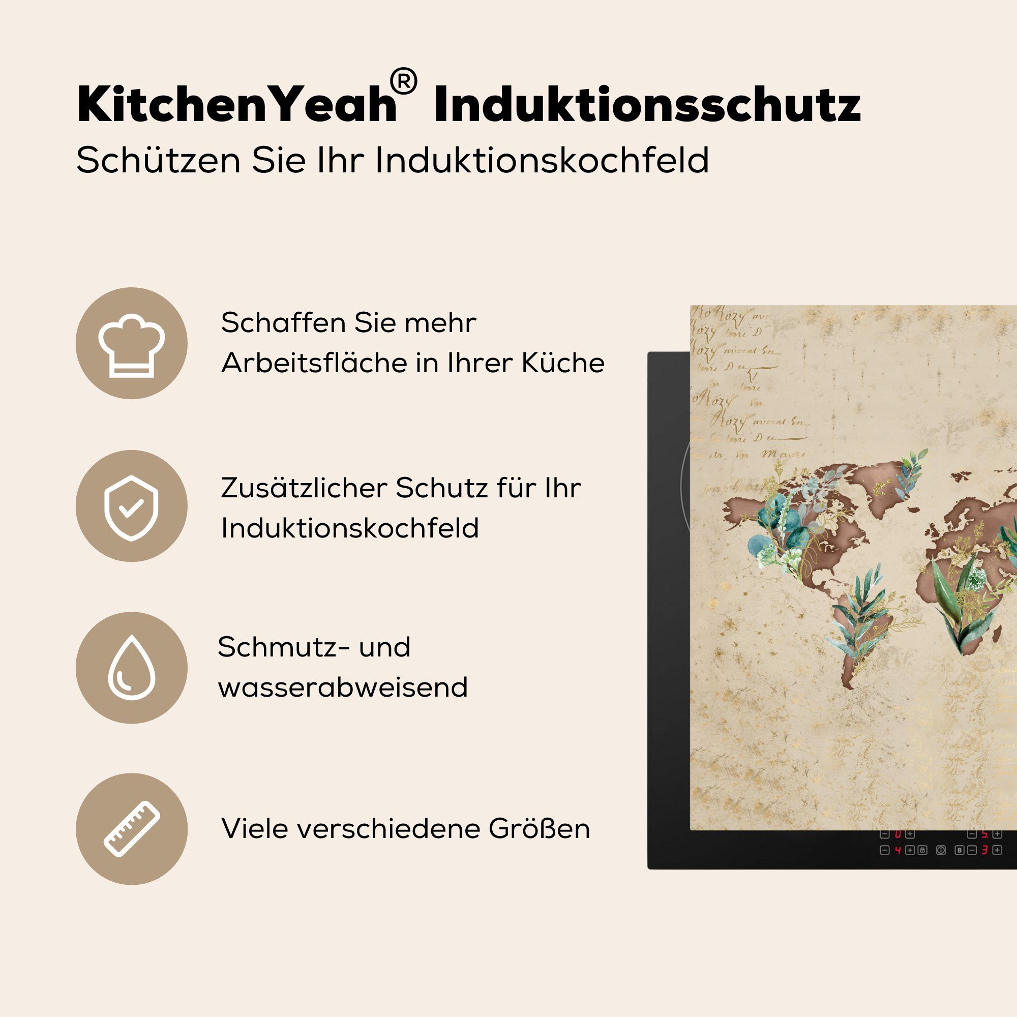 MuchoWow Herdblende-/Abdeckplatte Weltkarte - Ceranfeldabdeckung, Vinyl, Arbeitsplatte küche Vintage, Braun - 78x78 cm, für (1 tlg)