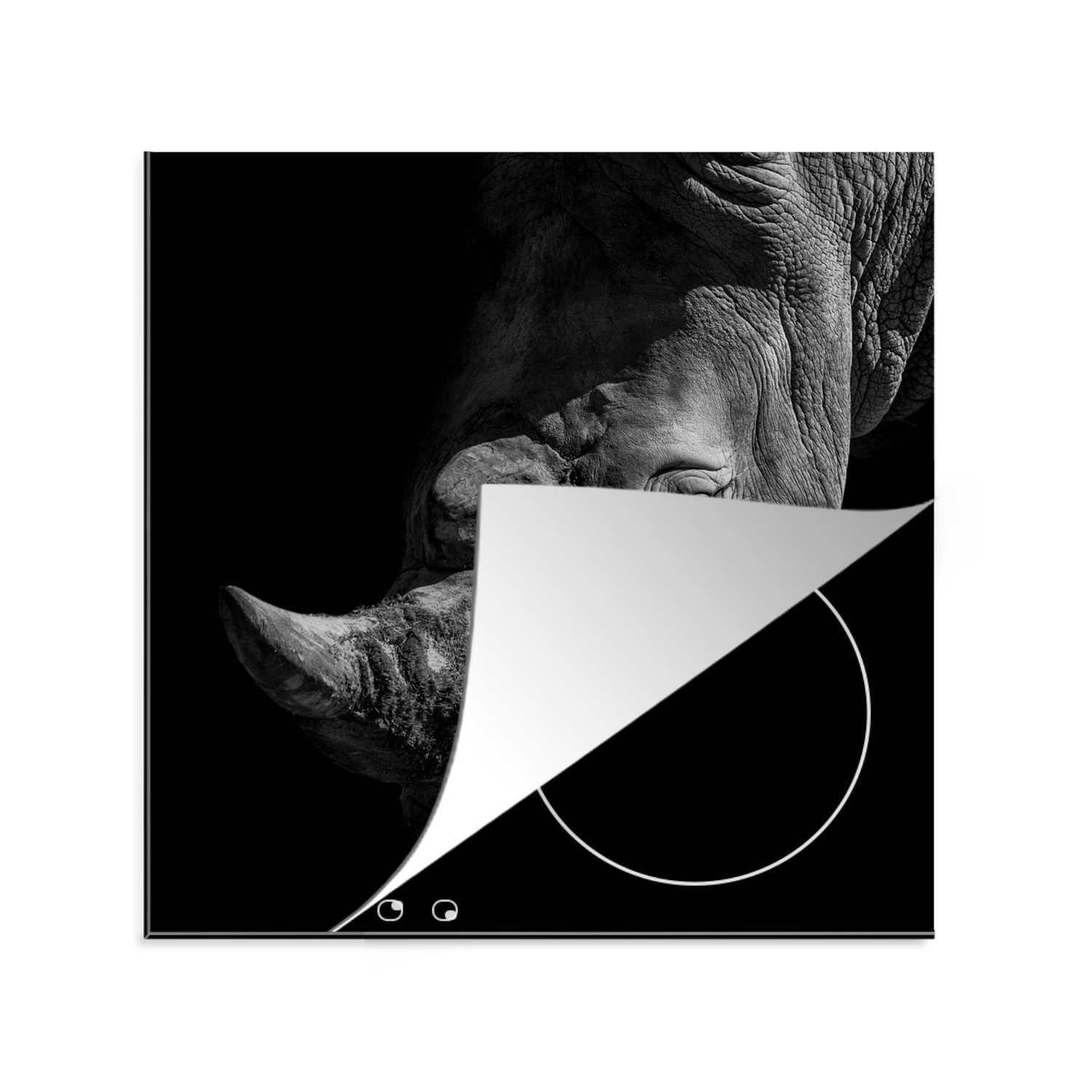 MuchoWow Herdblende-/Abdeckplatte Rhinozeros - Tier - Schwarz - Weiß, Vinyl, (1 tlg), 78x78 cm, Ceranfeldabdeckung, Arbeitsplatte für küche