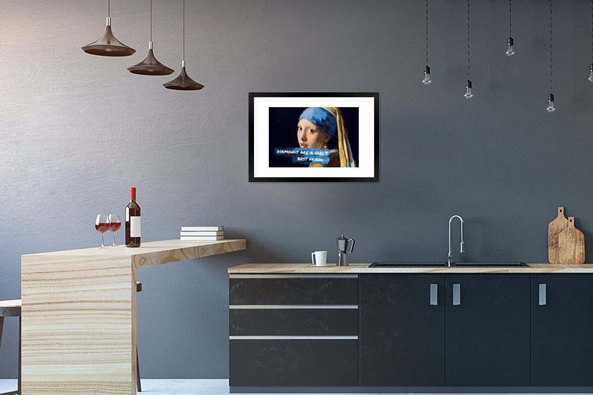 MuchoWow Poster Vermeer - Das Mädchen mit dem Perlenohrring - Zitat, (1 St), mit Rahmen, Kunstdruck, Gerahmtes Poster, Schwarzem Bilderrahmen
