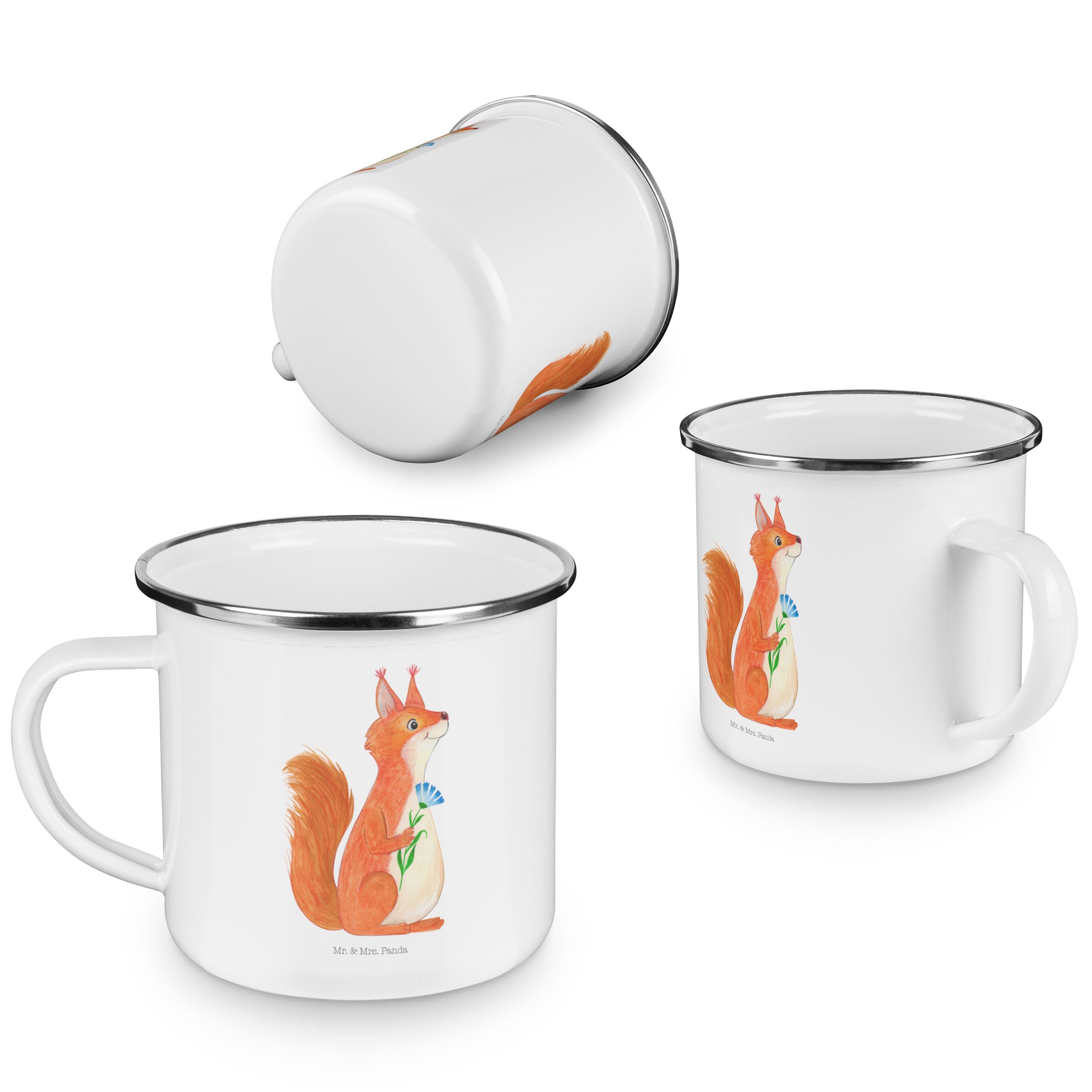 Weiß & Blume - Tasse, Spruch, Mrs. Emaille Eichhörnchen Geschenk, Mr. Outdoor - Becher Panda glücklich