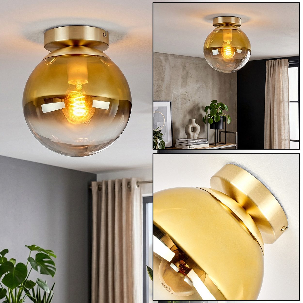hofstein Deckenleuchte Deckenlampe aus Metall/Glas in Messing-/Goldfarben/Klar, moderne Deckenleuchte im Retro/Vintage-Design, Ø 20 cm, E27