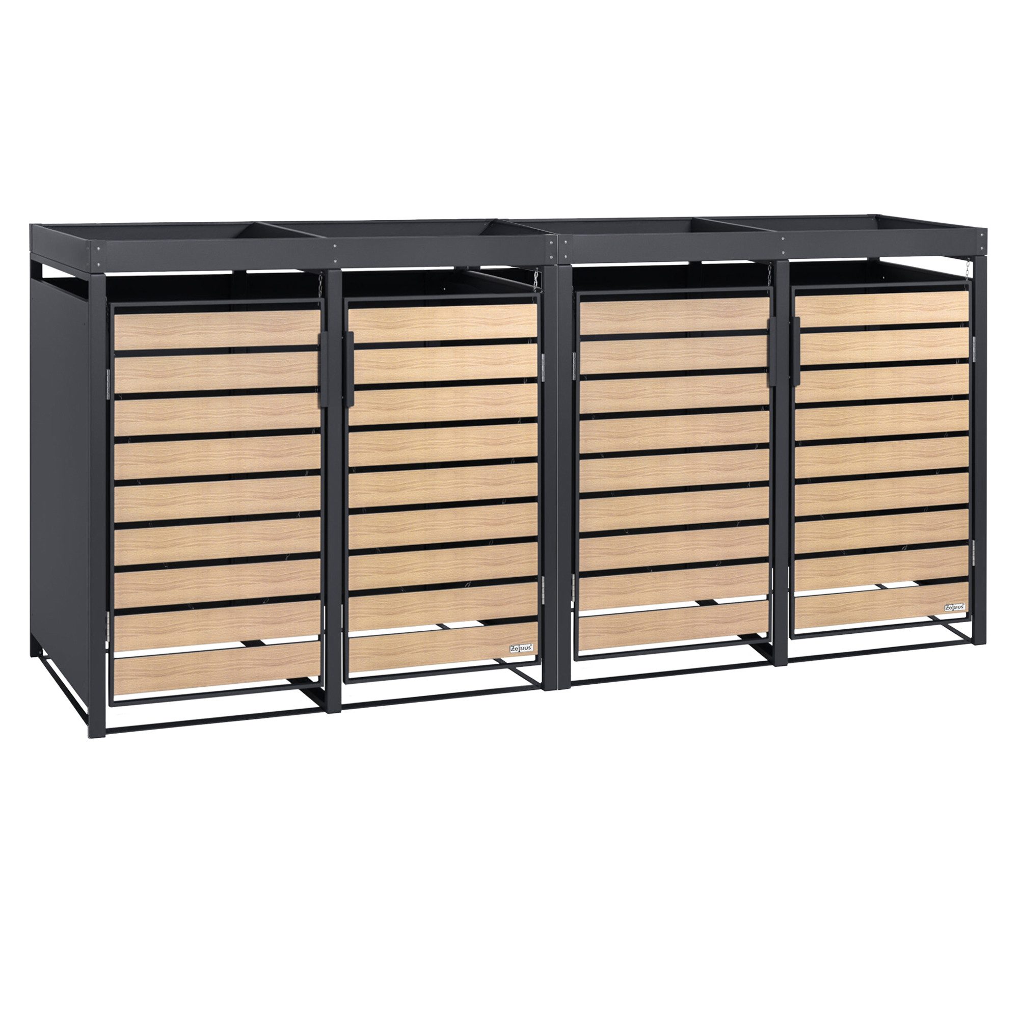 Zelsius Mülltonnenbox 4 er mit Pflanzdach für 4 Tonnen, 120 - 240 Liter, Tür in Holzoptik