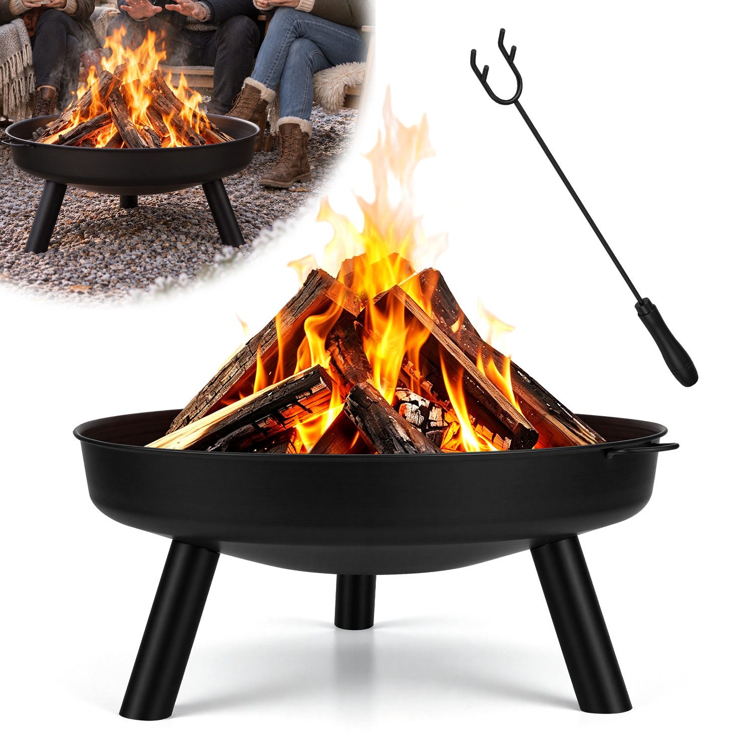Clanmacy Feuerschale Ø 75 cm Schwarz mit Schürhaken, Feuerstelle für Garten und Terrasse