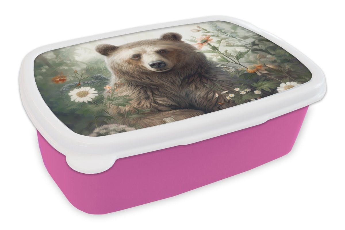 MuchoWow Lunchbox Braunbär - Wildtiere - Blumen - Pflanzen, Kunststoff, (2-tlg), Brotbox für Erwachsene, Brotdose Kinder, Snackbox, Mädchen, Kunststoff rosa