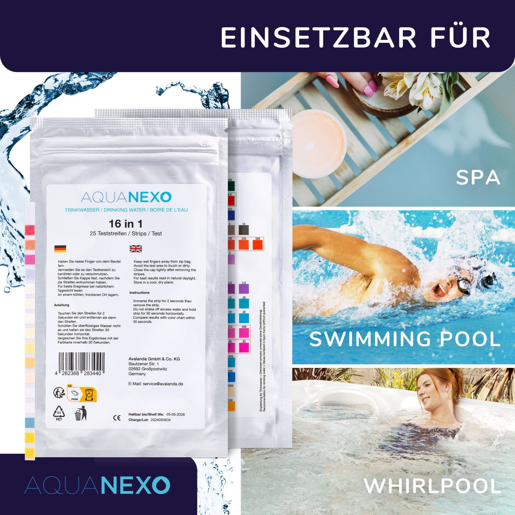 AquaNexo Trinkwassertest Wassertester Teststreifen 16-in-1 Trinkwassertest pH Wasserhärte 25st.