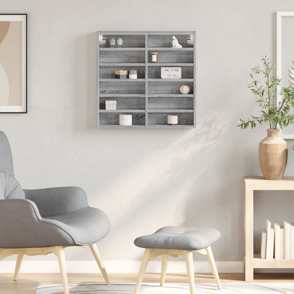 furnicato Vitrine Vitrinenschrank Grau Sonoma 60x8,5x58 cm Holzwerkstoff (1-St) Stabiler Hängeschrank mit 12 Ablagen für Wohnzimmer oder Flur