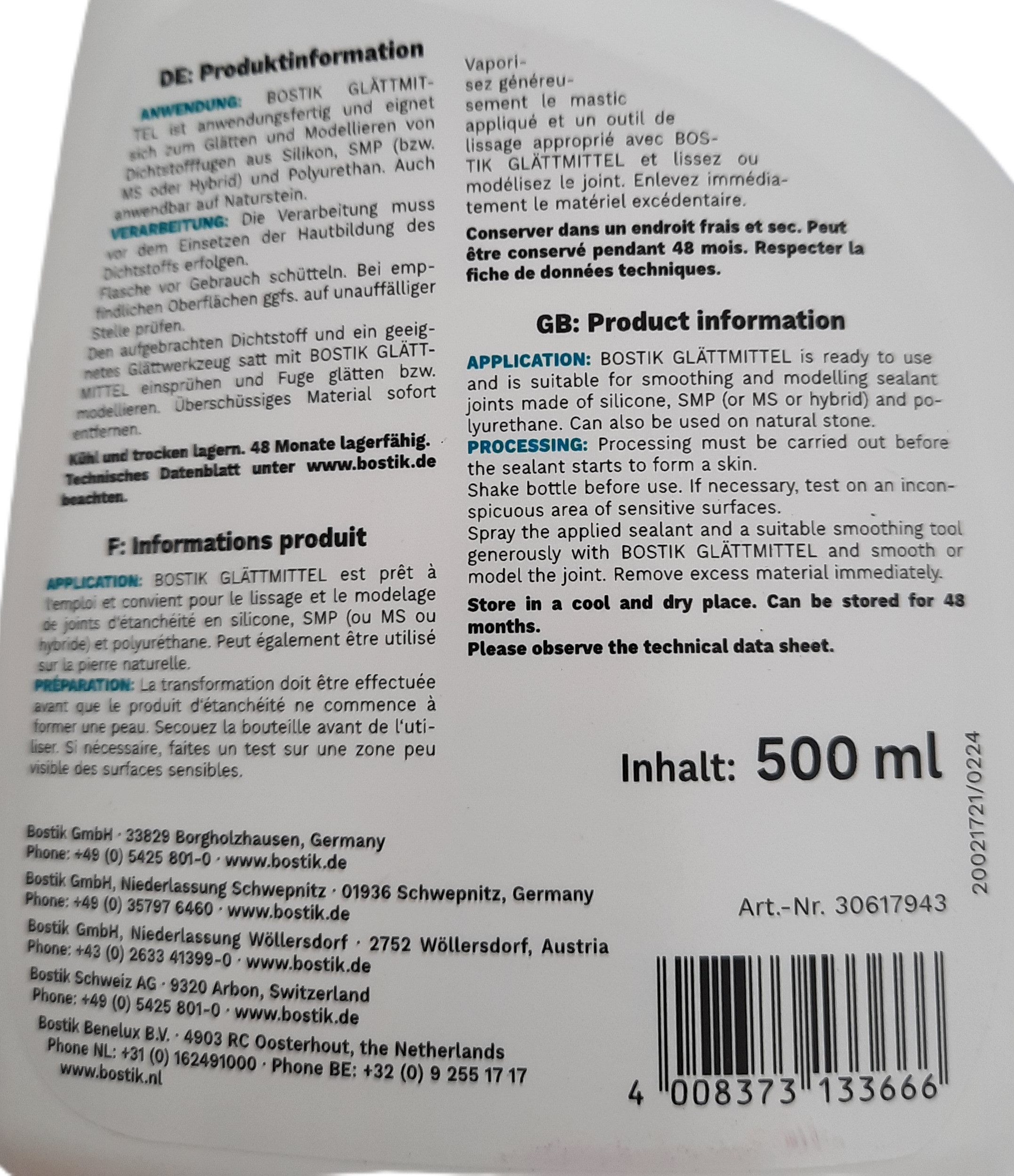 BOSTIK Dichtstoff Bostik Dichtstoff Glättmittel 500ml Zerstäuberflasche, gebrauchsfertig, farbecht