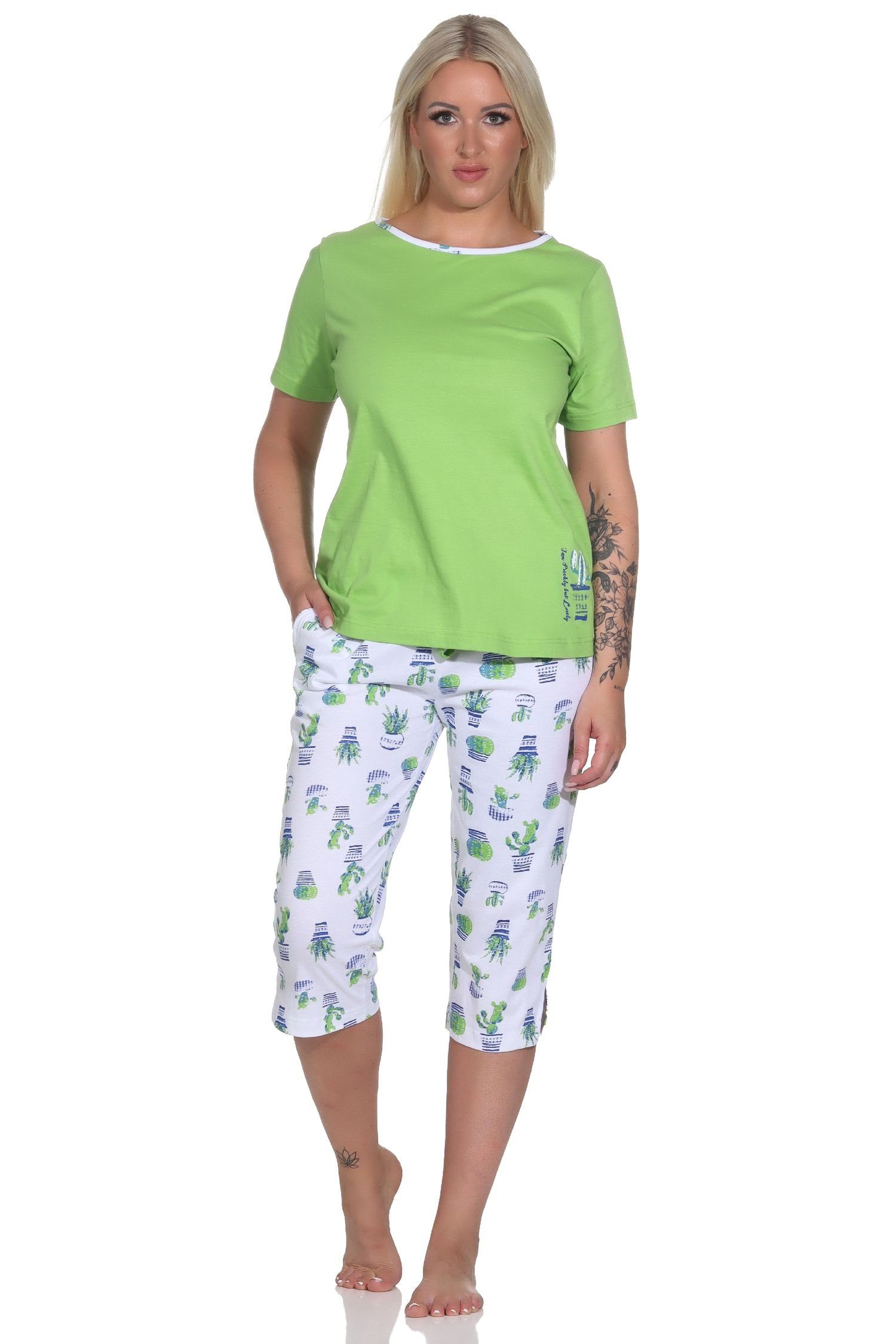 mit grün Pyjama Normann Capri Kaktus als Motiv Damen Kurzarm Schlafanzug