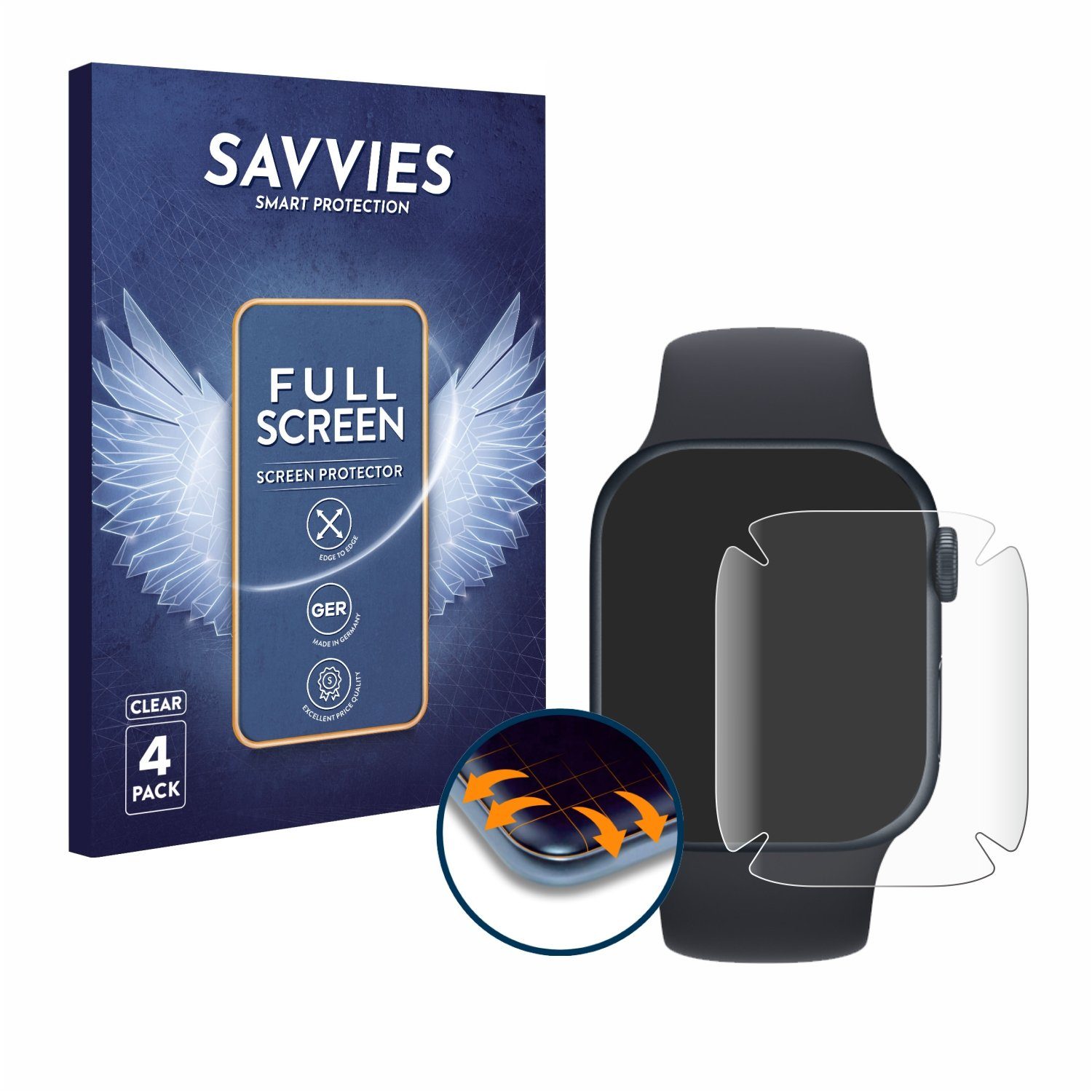 Savvies Full-Cover Schutzfolie für Apple Watch Series 7 (41 mm), Displayschutzfolie, 4 Stück, 3D Curved klar