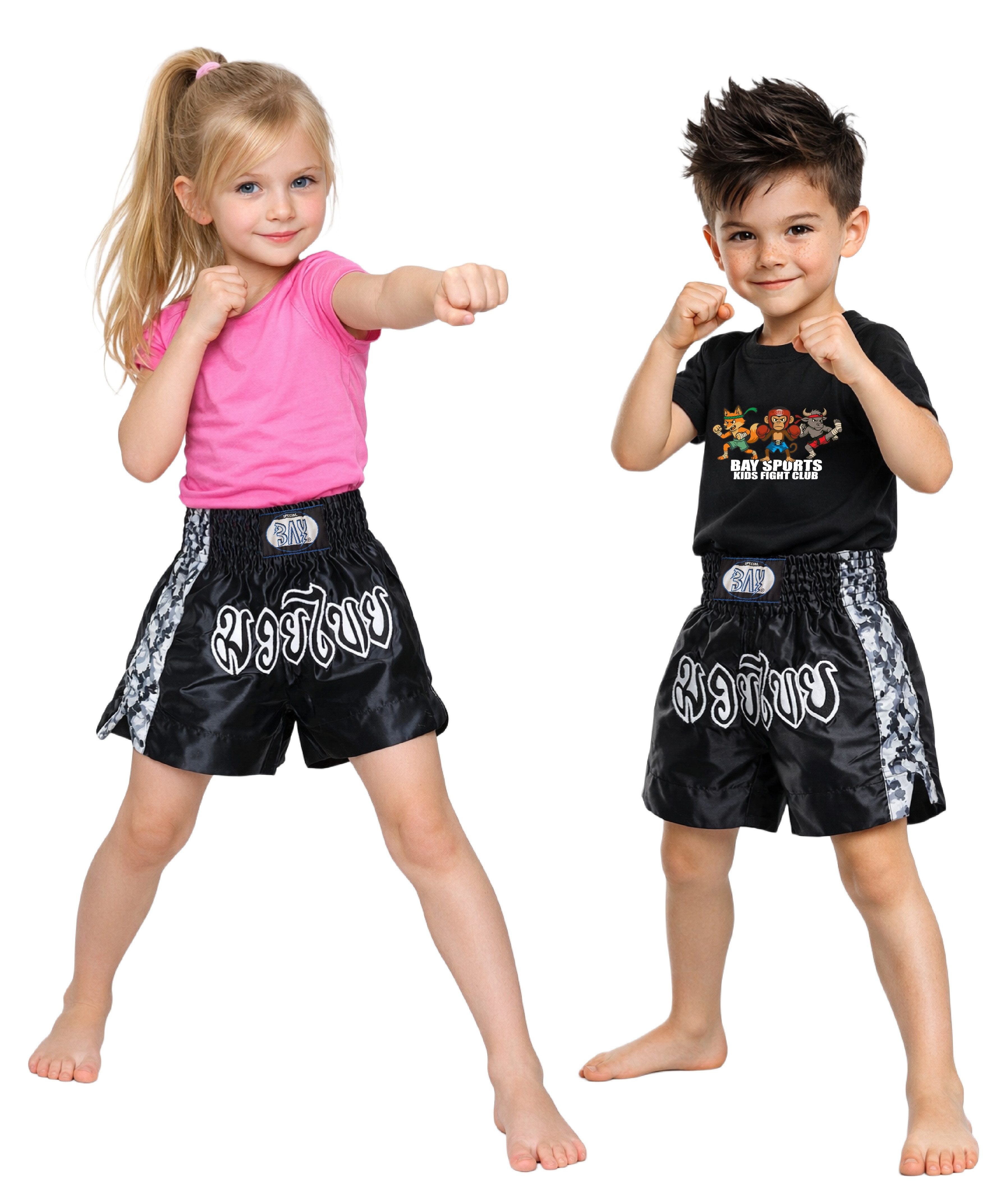 BAY-Sports Sporthose Thaiboxhose REMY Muay Thai Hose Shorts Thaiboxen MMA kurz Kickboxen kurze, leichte, locker sitzende Trainingshose, Schwarz/Camouflage/Weiß