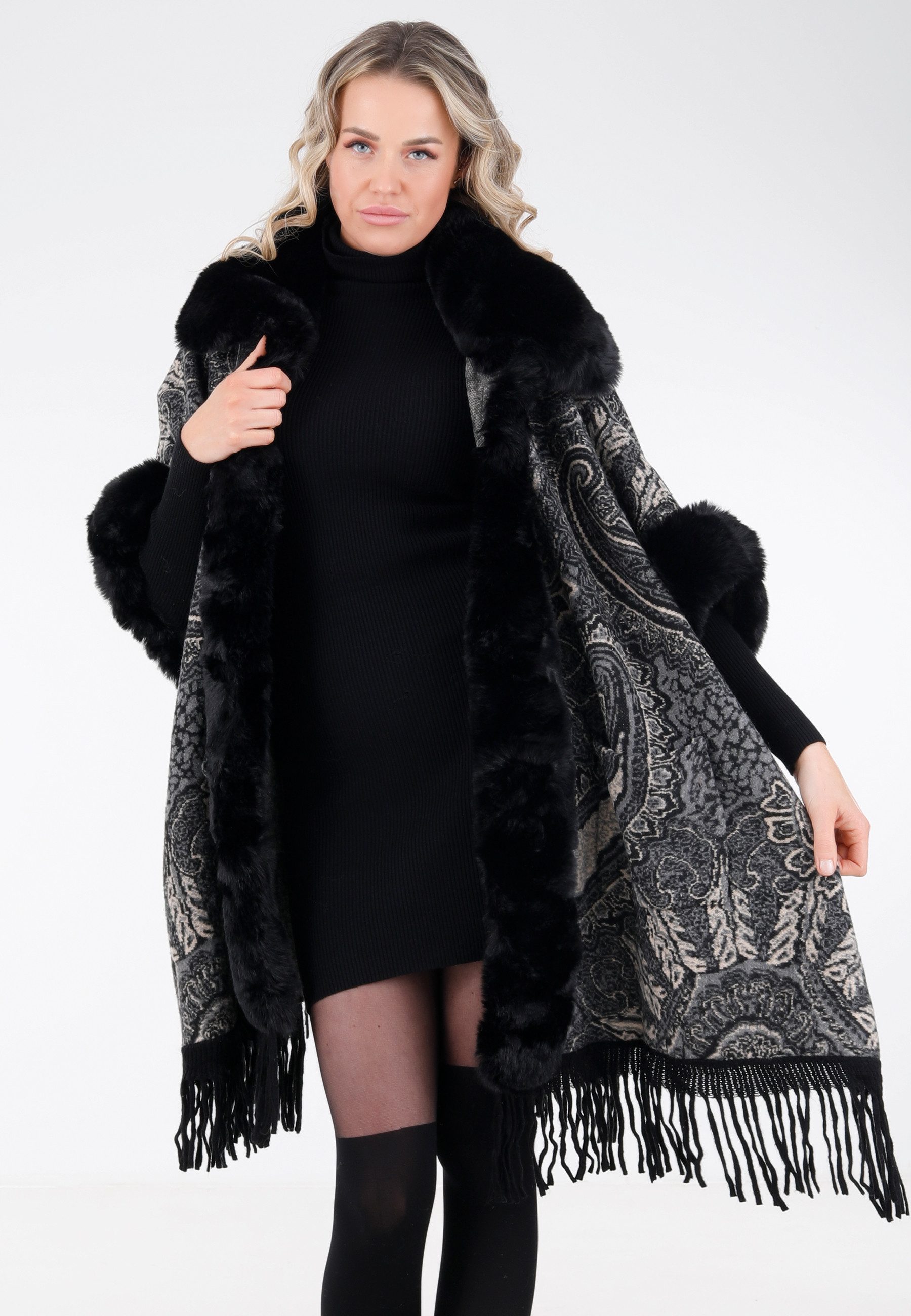 YC Fashion & Style Poncho Capemantel mit Kunstfell-Besatz mit Kapuze