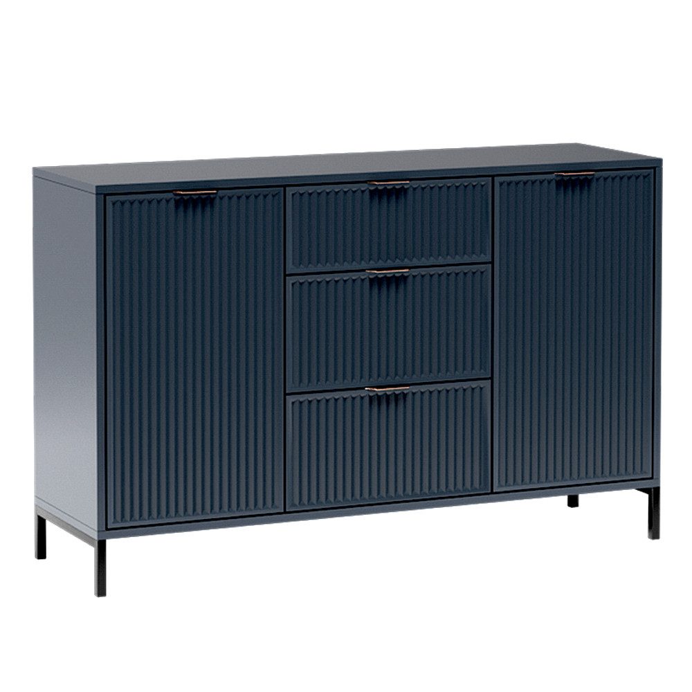 Lomadox Kommode LAURO-161, Sideboard Anrichte Indigo blau Rillenoptik 135 cm Wohnzimmer Esszimmer