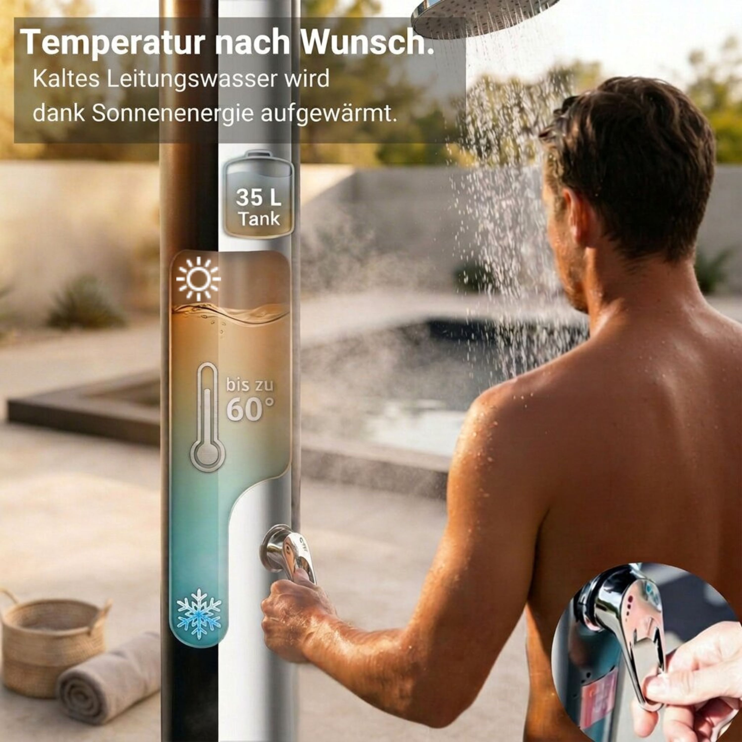 NovaTerra Solardusche Gartendusche Campingdusche mit Bodenelement 20/35/40/60L bis 60°C, Schwenkbarer Regenduschkopf, Inkl. Bodenelement & Schutzhaube
