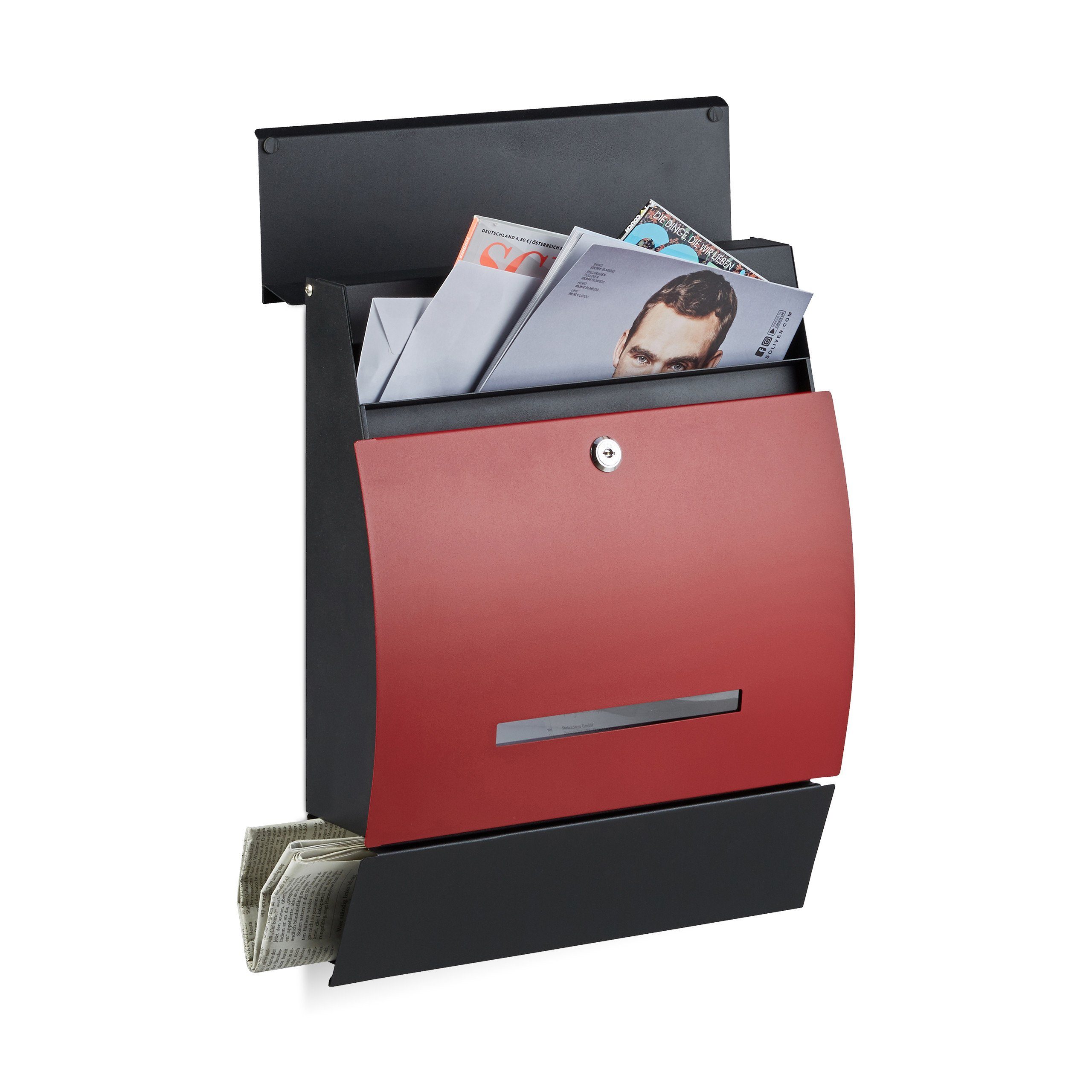relaxdays Briefkasten Schwarz Briefkasten Zeitungsfach, Design Schwarz-Rot mit Rot