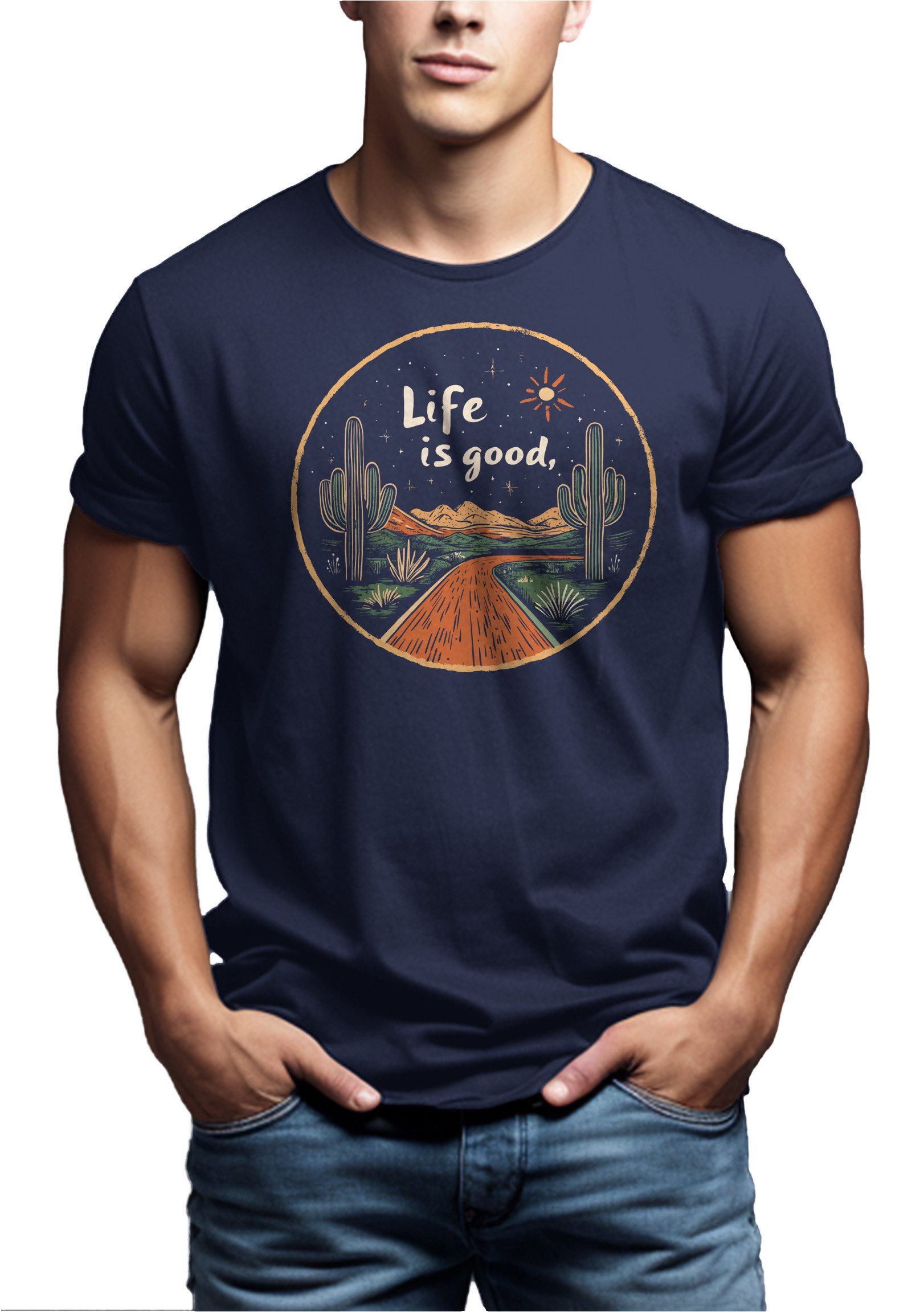 MAKAYA T-Shirt Printshirt für Herren – Kaktus & Life is Good Wandermotiv (Schwarz, Blau, Grün, Blaugrau, Dunkelgrau, S, M, L, XL, XXL, 3XL, 4XL, 5XL) Baumwolle