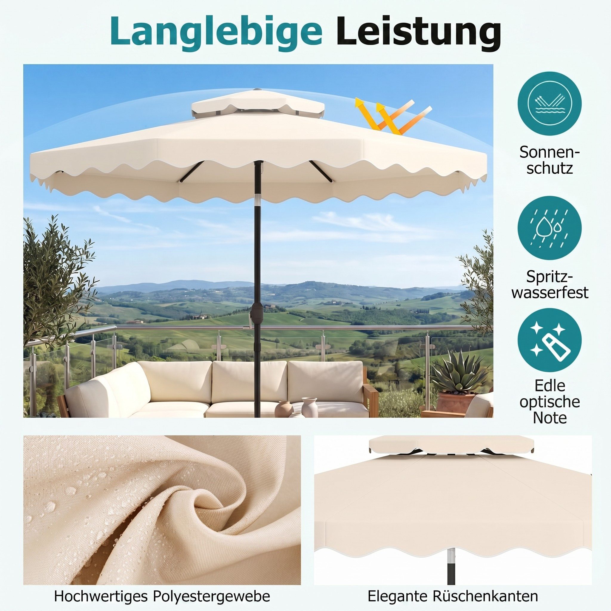 COSTWAY Sonnenschirm, LxB: 300x300 cm, Gartenschirm mit Doppeldach & Kurbel & Volant