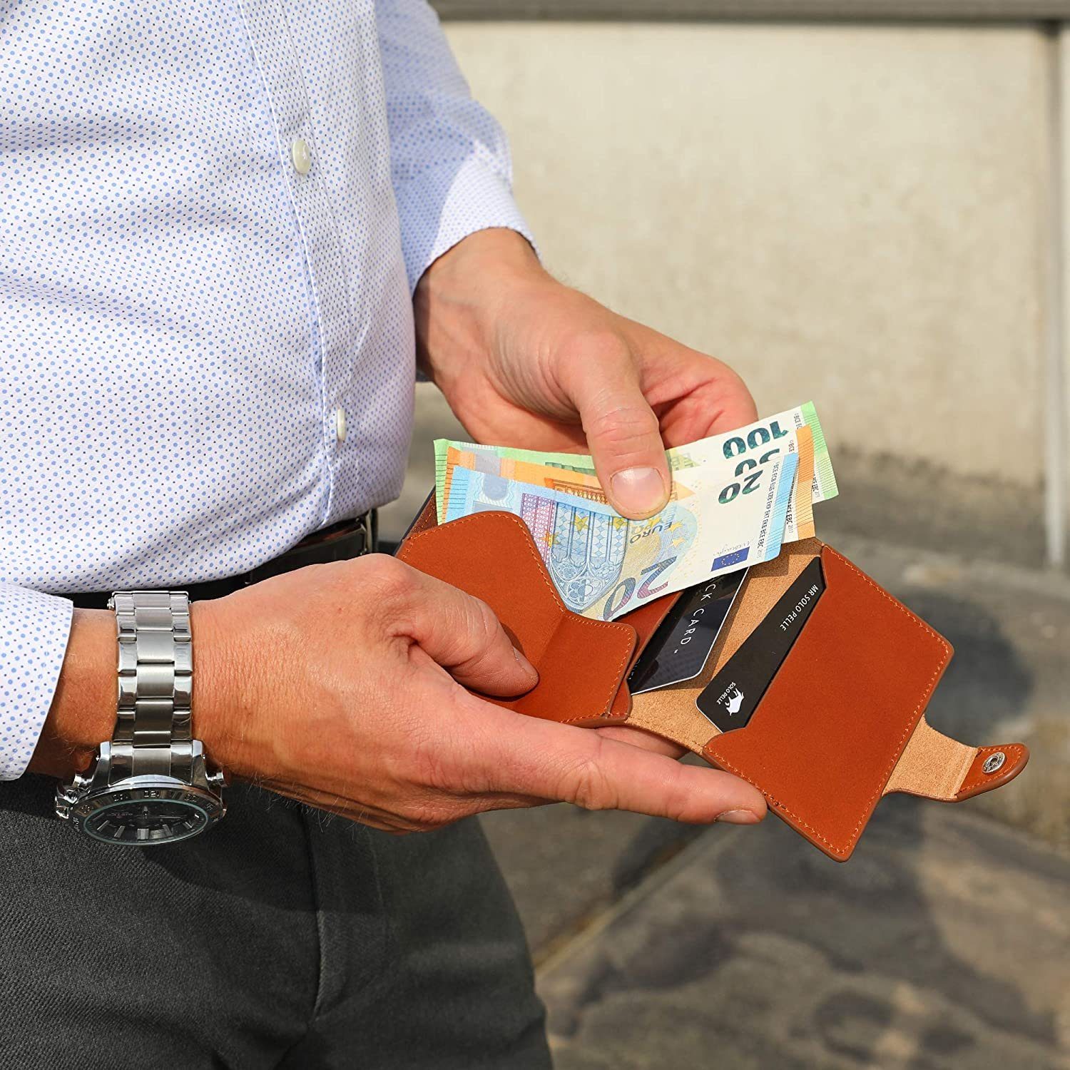 Solo Pelle Mini Geldbörse Slim mit echt Wallet 13 Mondo RFID zu Münzfach Karten] ohne Made [RFID-Schutz], Braun Leder, [bis Cognac Schutz Europe, in