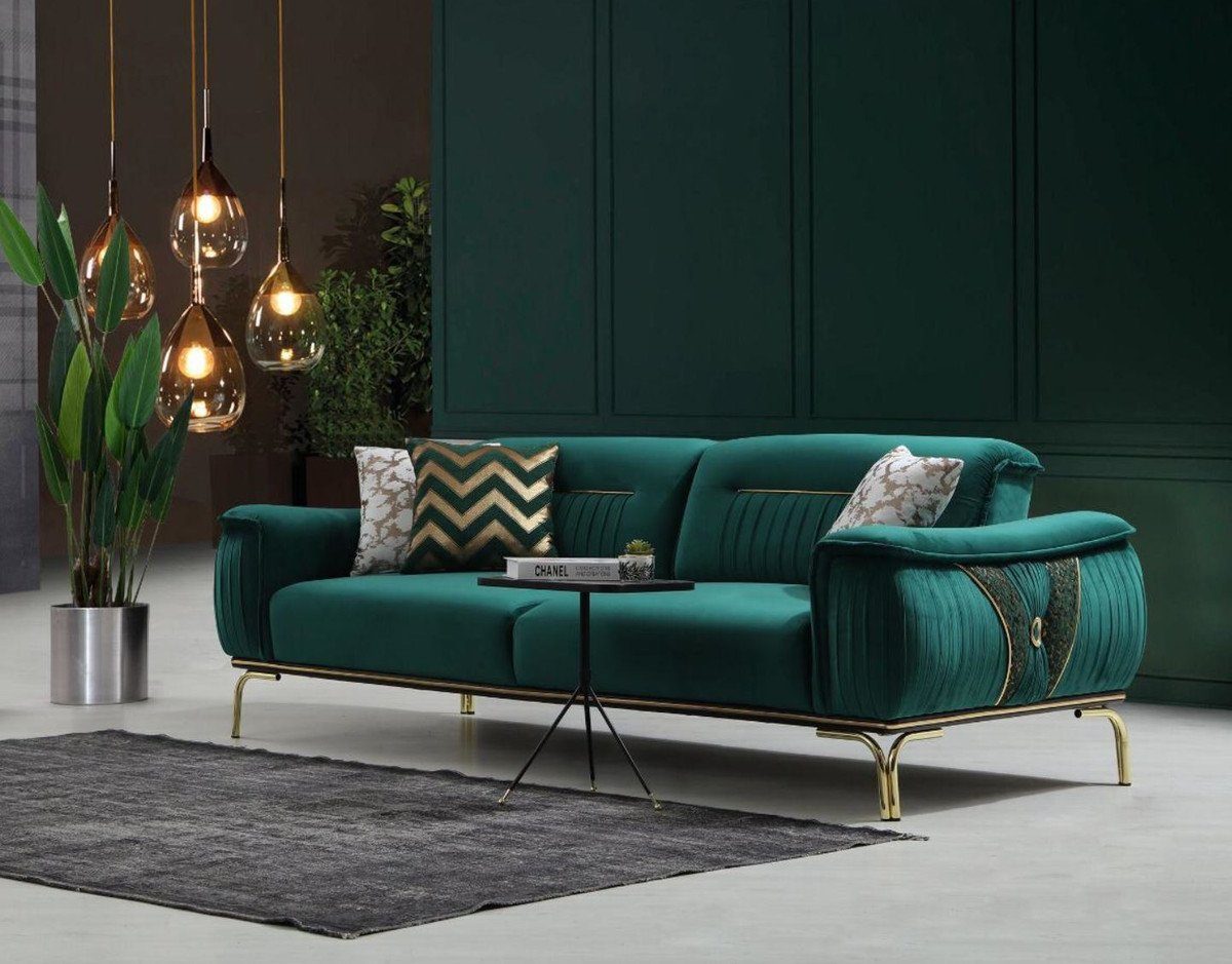 Casa Padrino Sofa Luxus Wohnzimmer Sofa mit verstellbarer Rückenlehne Grün / Gold 223 x 93 x H. 78 cm - Luxus Wohnzimmer Möbel