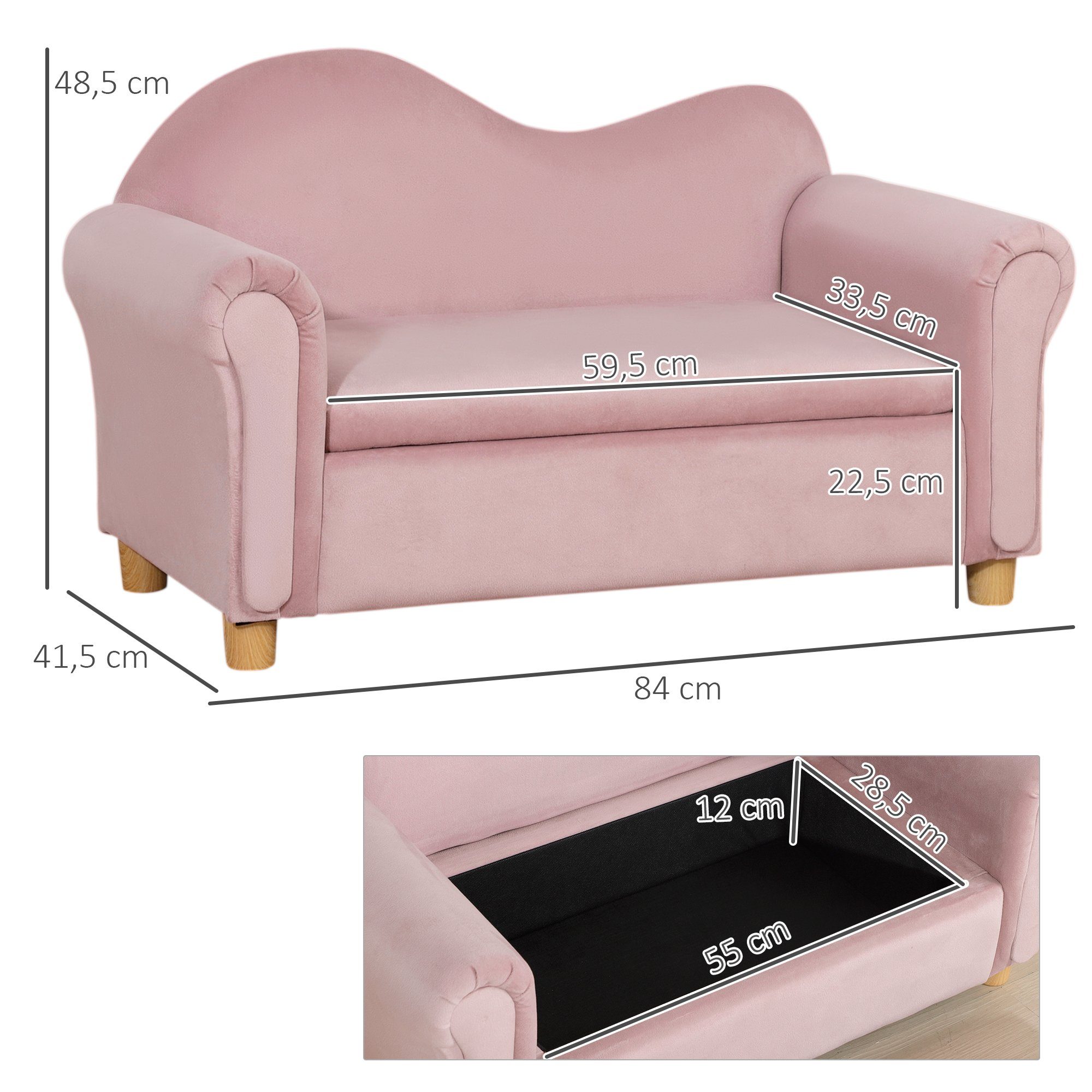 HOMCOM Sessel Zweisitzer mit Stauraum, Spielsofa für Kinder, Rosa (Kindercouch, 1-St., Kindersofa), 84L x 41.5B x 48.5H cm