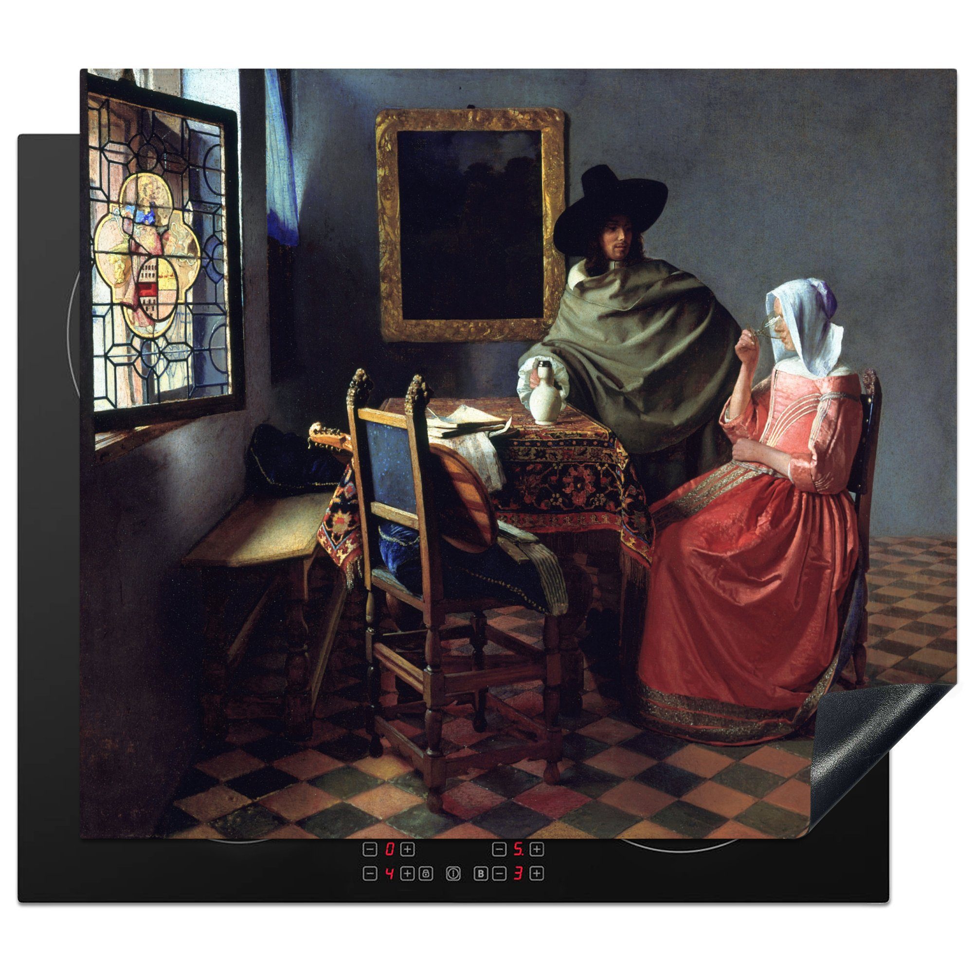 MuchoWow Herdblende-/Abdeckplatte Das Glas Wein - Johannes Vermeer, Vinyl, (1 tlg), 60x52 cm, Mobile Arbeitsfläche nutzbar, Ceranfeldabdeckung
