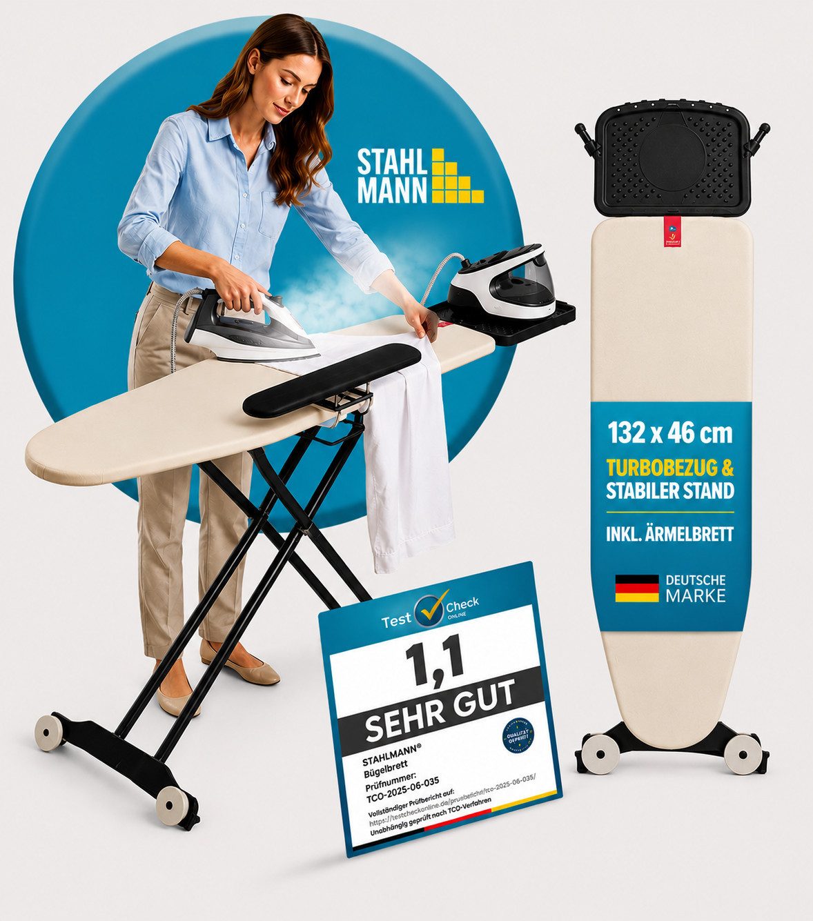 STAHLMANN COMMERCE GmbH Bügelbrett 132 × 46 cm,Made in EU, mit Ärmelbrett, für Dampfbügelstation, Bügelfläche 46x132 cm, Made in EU, mit Ärmelbrett, exklusiv für Dampfgeneratoren