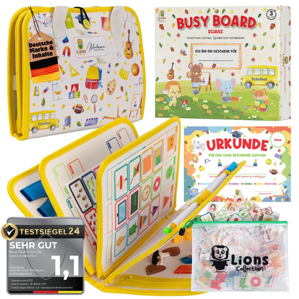 Lions Collection Lernspielzeug Busy Board Deutsch - Montessori Spielzeug - Motorikmappe, Quiet Book