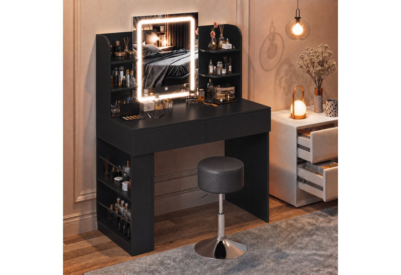 HOMALL Schminktisch mit Spiegel, LED-Beleuchtung, einstellbare Helligkeit, ostern (Langex Brete x Hthe) 90/110 x 40x 135 cm. B ofene Facher (2 seitiche Facher sind nach inks und rechts verschiebban. 2 groBe Schubladen)