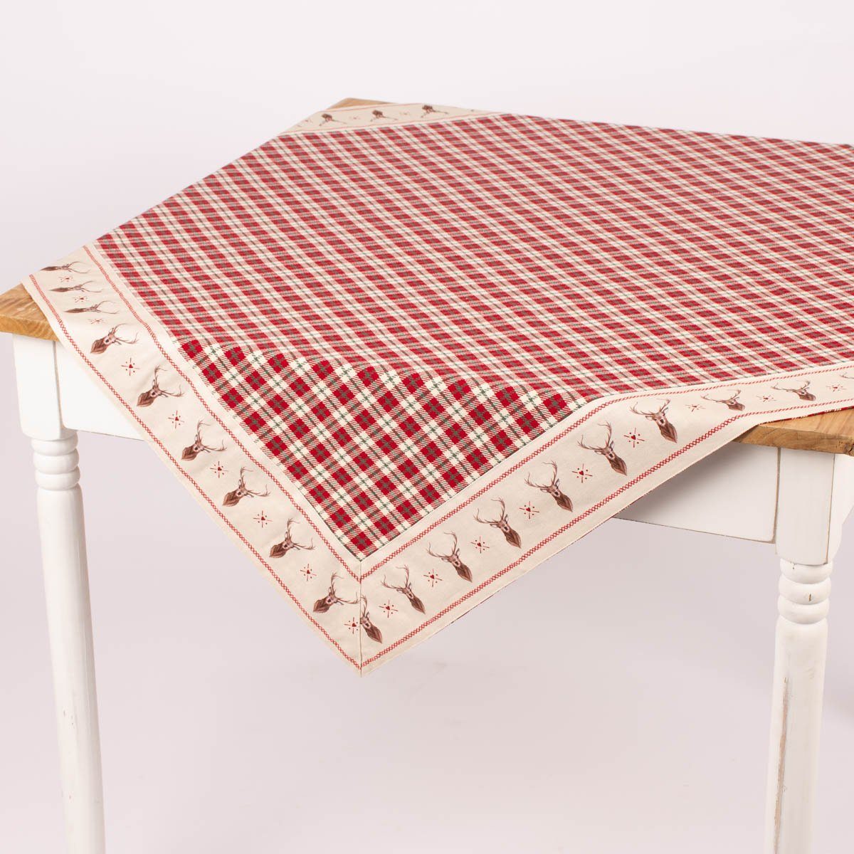 Clayre & Eef Tischdecke Clayre & Eef Mitteldecke Wende-Tischdecke Karo Hirsche beige 100x100cm, Kuvertsaum