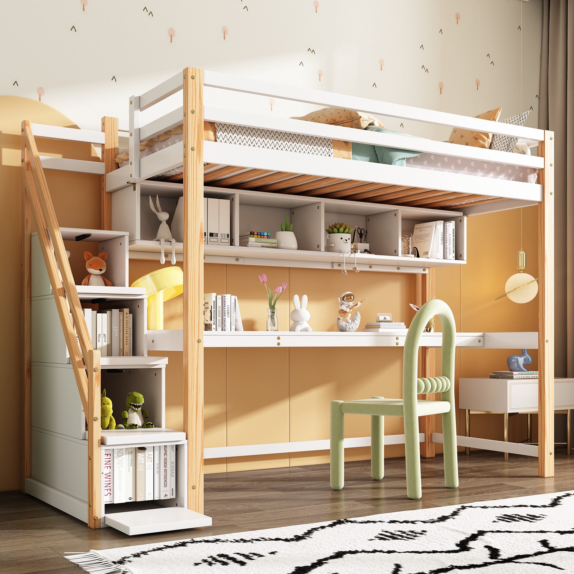 Flieks Hochbett Kinderbett mit Regale, Schreibtisch und Stauraumtreppe 90x2 günstig online kaufen