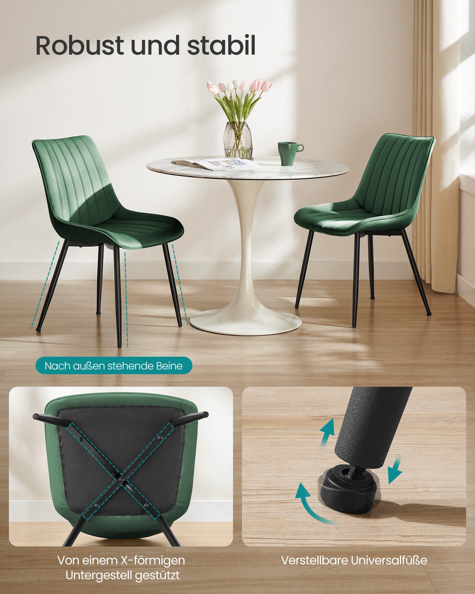 SONGMICS Esszimmerstuhl Küchenstuhl aus Samt, Polsterstuhl mit Armlehnen, Loungesessel (2 St), bis 120 kg belastbar, für Esszimmer, Küche, Stahlbeine, Polsterst – Bild 5 von 5